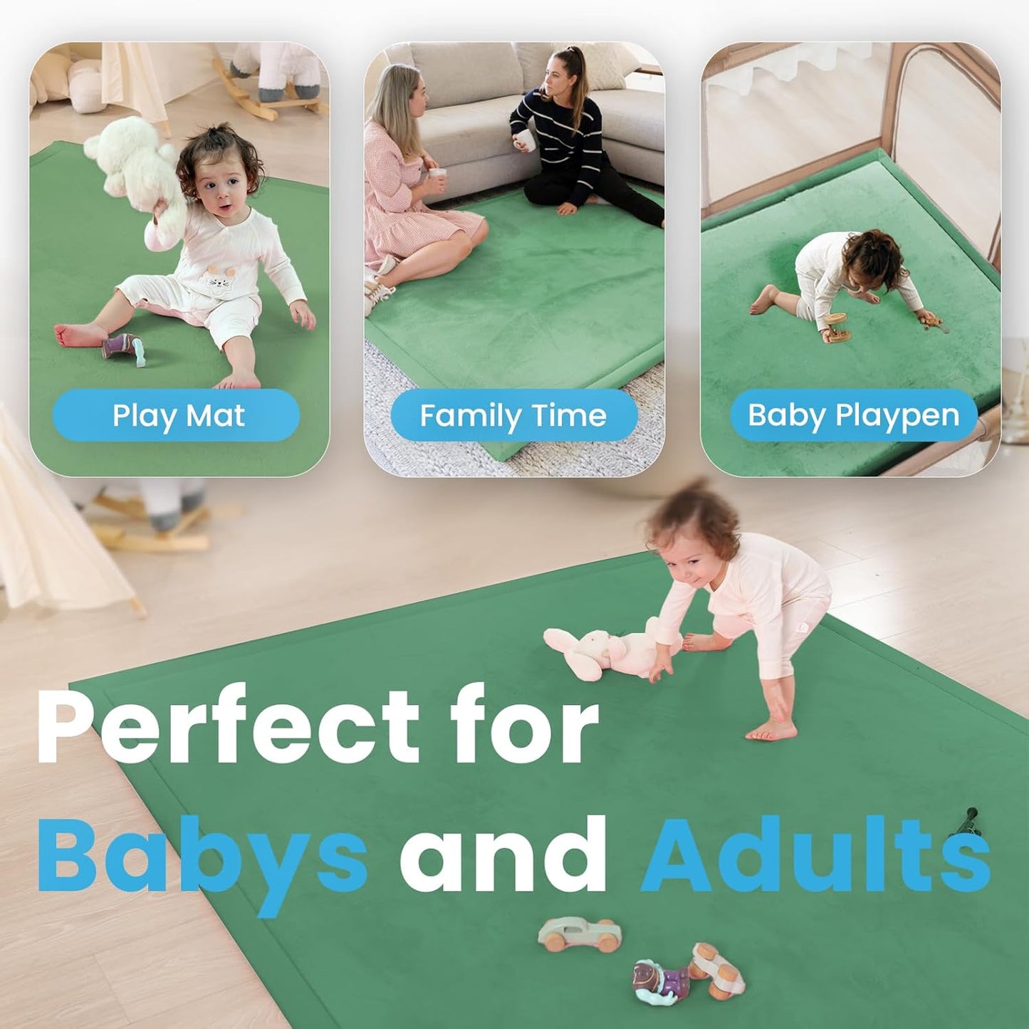 Ultra Soft Baby Play Mat,79"×118" Extra Large Activity Tummy Time Mat for Toddlers,Infants,Kids,1.3" Thick Elasti-Foam Nursery Rug for Floor,Non-Slip Safe for Crawling,Water-Repellent(Emerald)