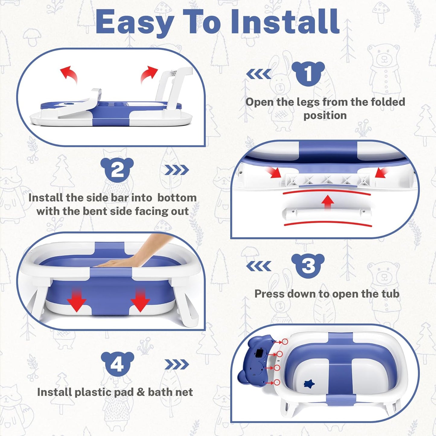 AVIDOR Baby Bathtub,Collapsible Bathtub for Newborn to Toddler,Durable Essential Infant Bath Tub,Portable Travel Baby Bathtub with Soft Cushion,No-Slip Hanging and Detachable Bathtub(Navy Blue)