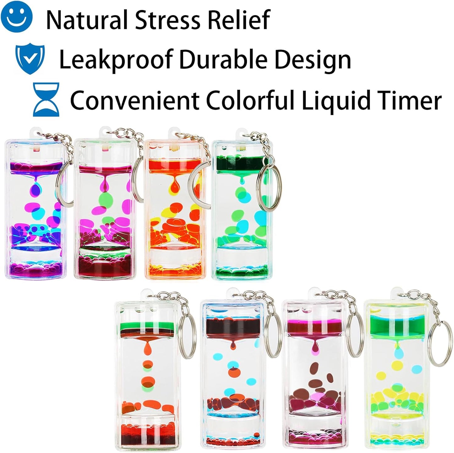 Liquid Motion Bubbler Key Chain Pack of 8 Great Desktop Colorful Hourglass Liquid Bubbler Small Calming Relaxing Toys (Rainbow series, Pack of 8)