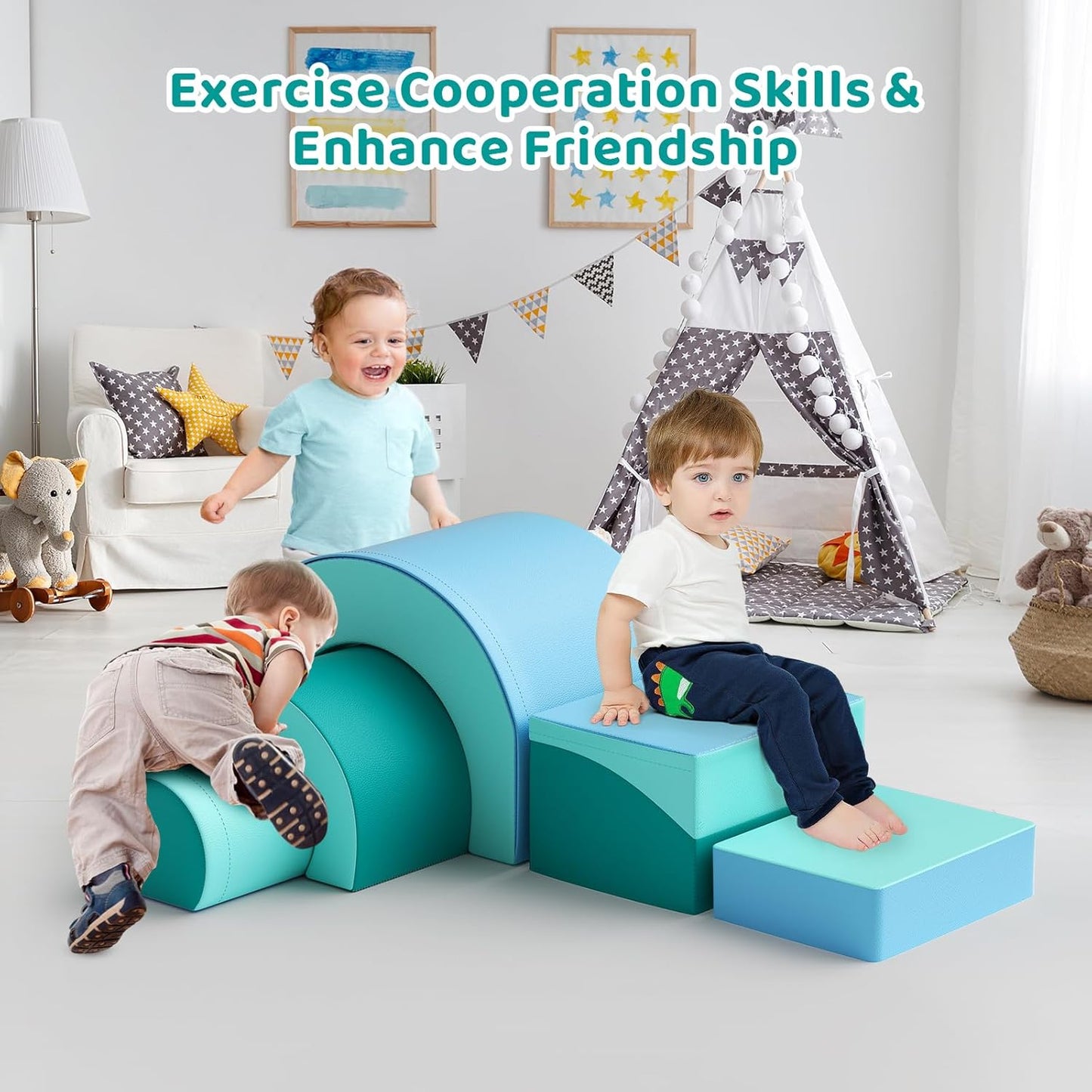 Lischwert Foam Climbing Blocks, Soft Climbing Toys for Toddlers, 5 Pieces Crawl and Climb Foam Playset with Foldable Block and Tunnel, Indoor Climber Activity Play Set for Kids Age 1+