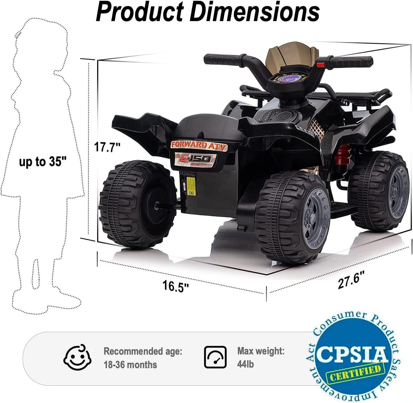 Kids ATV 4 Wheeler, 6V Ride-On Toy for Toddlers 1-3 Boys & Girls with Music, Forward & Reverse - Black