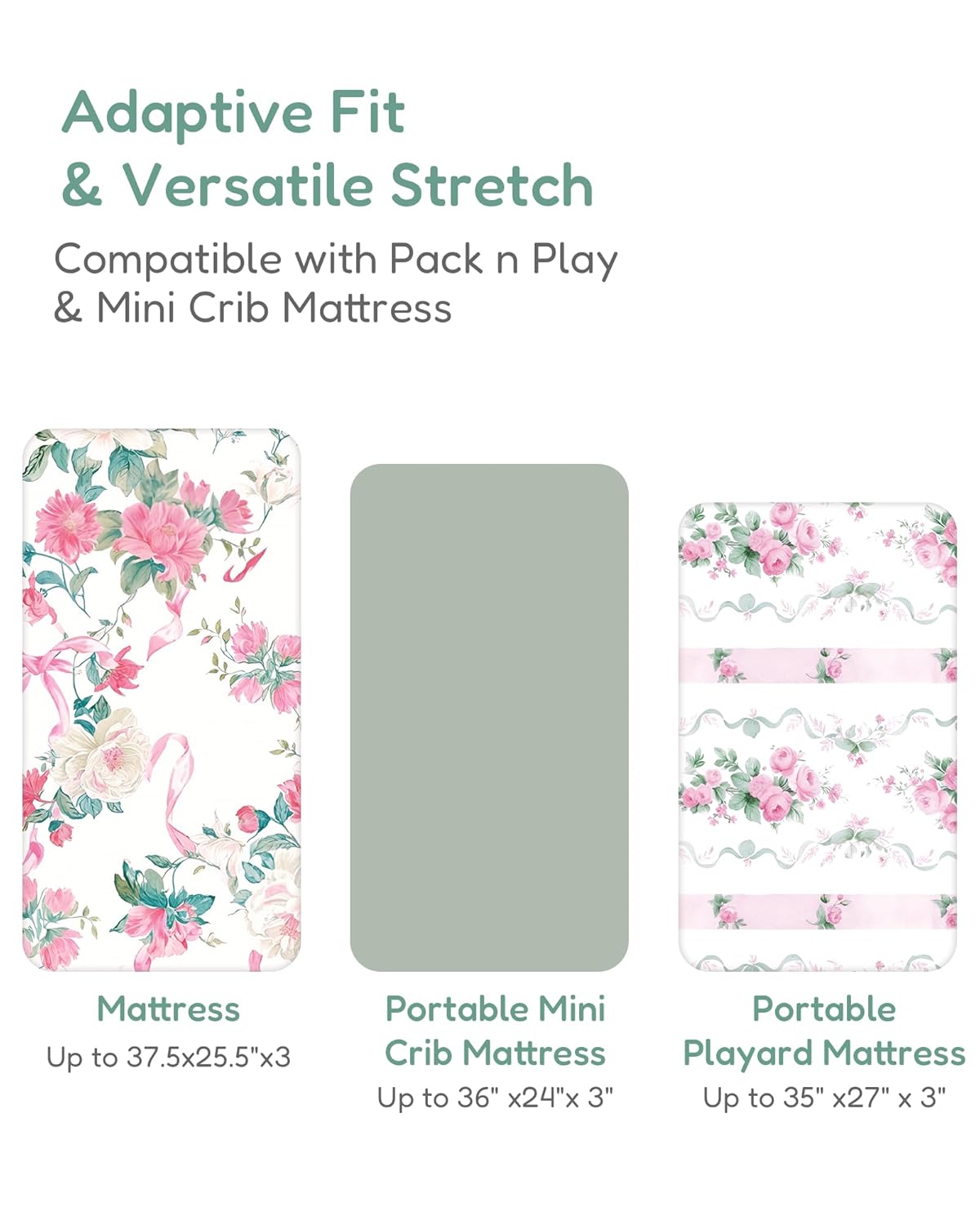 Pack and Play Sheets Fitted, Pink Roses Pattern, Breathable and Safe, Hypoallergenic, 2 Pack for Baby Girls