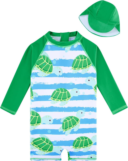 uideazone Baby Boys One Piece Swimsuit Long Sleeve UPF 50+ Rash Guard Bathing Suit Swimwear with Sun Hat 0-24 Months