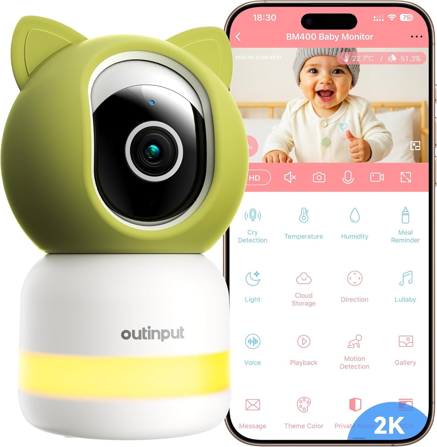 Outinput Smart WiFi Baby Monitor 2K 4MP, PTZ Indoor Cam for Nursery, Crying/Feed/Temp/Humidity Alerts, Night Vision w/Gentle Light, Soothing Lullabies for Baby Sleep, App Control, Cloud&Local Storage