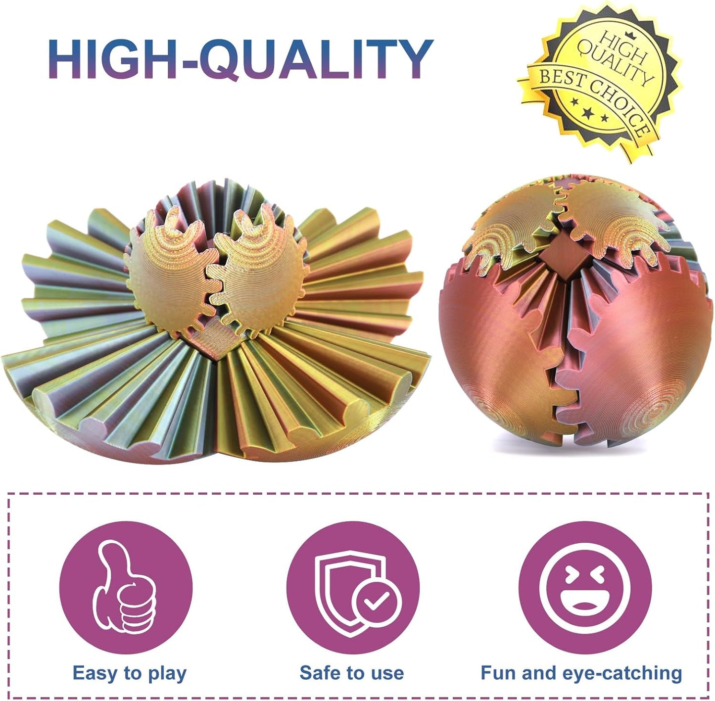 Gear Ball, Gear Sphere, 3D Printed Gear Ball Spin Ball Cube Fidget Toys GearSphere Ball, Stress Ball, Gear Sphere Desk Toy, Fidget Ball, Gear Toy for Stress and Anxiety Relaxing (Laser Color F)