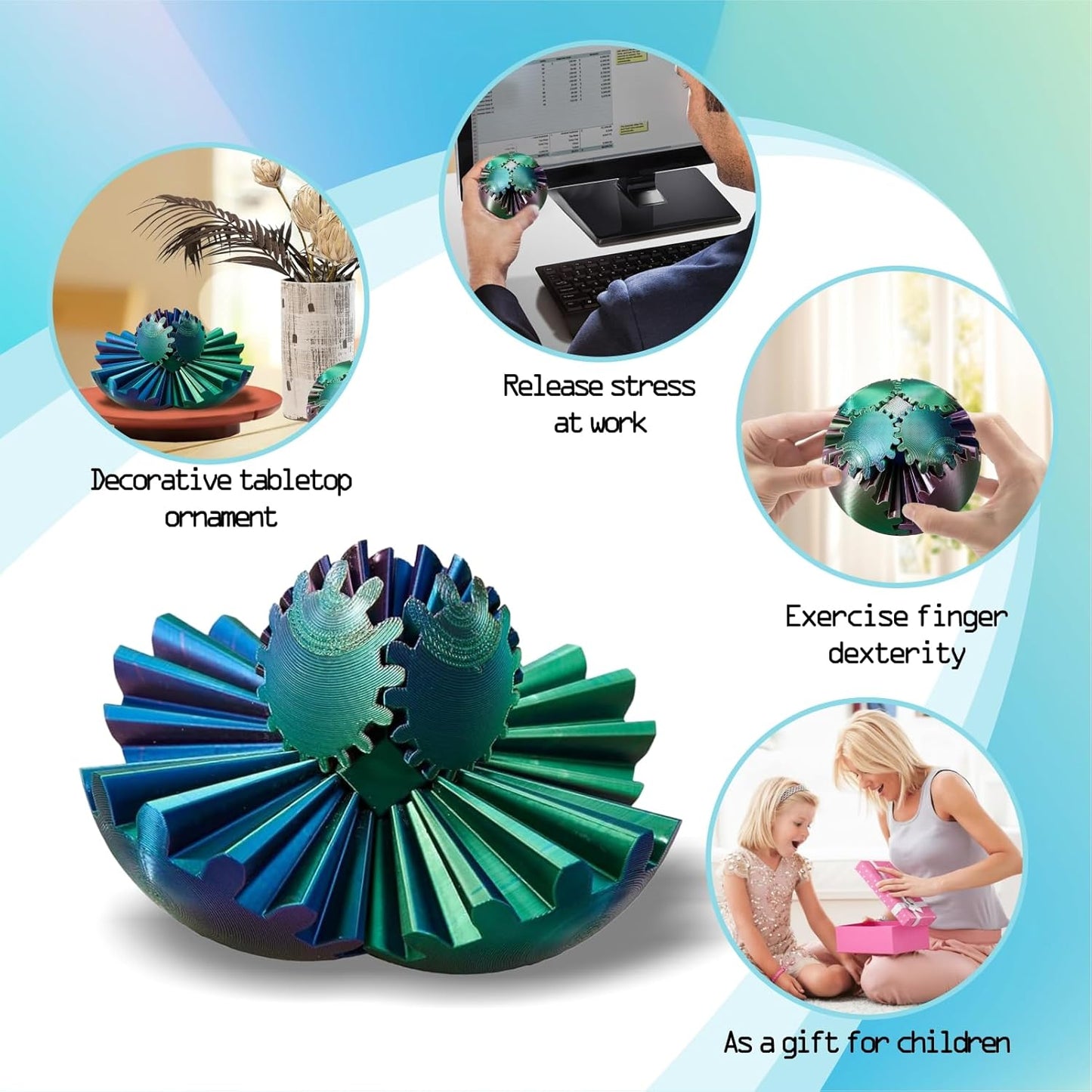 3D Printed Gear Ball Spin Ball Cube Fidget Toy, 2024 3D Printed Gear Sphere Cube Puzzle Birthday Gift, Stress and Anxiety Relaxing Fidget Toy, GearSphere Desk Toy (Red-Green-Blue)