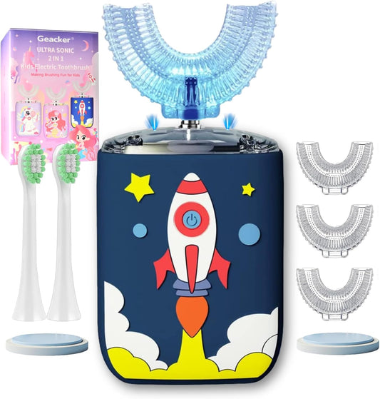 Kids U Shaped Electric Toothbrush Ultrasonic Automatic Brush with 5 Brush Head 6 Clean Modes IPX7 Waterproof Whole Mouth Rechargeable Smart Timer Toothbrushes for Children Age 2-7 (Blue)