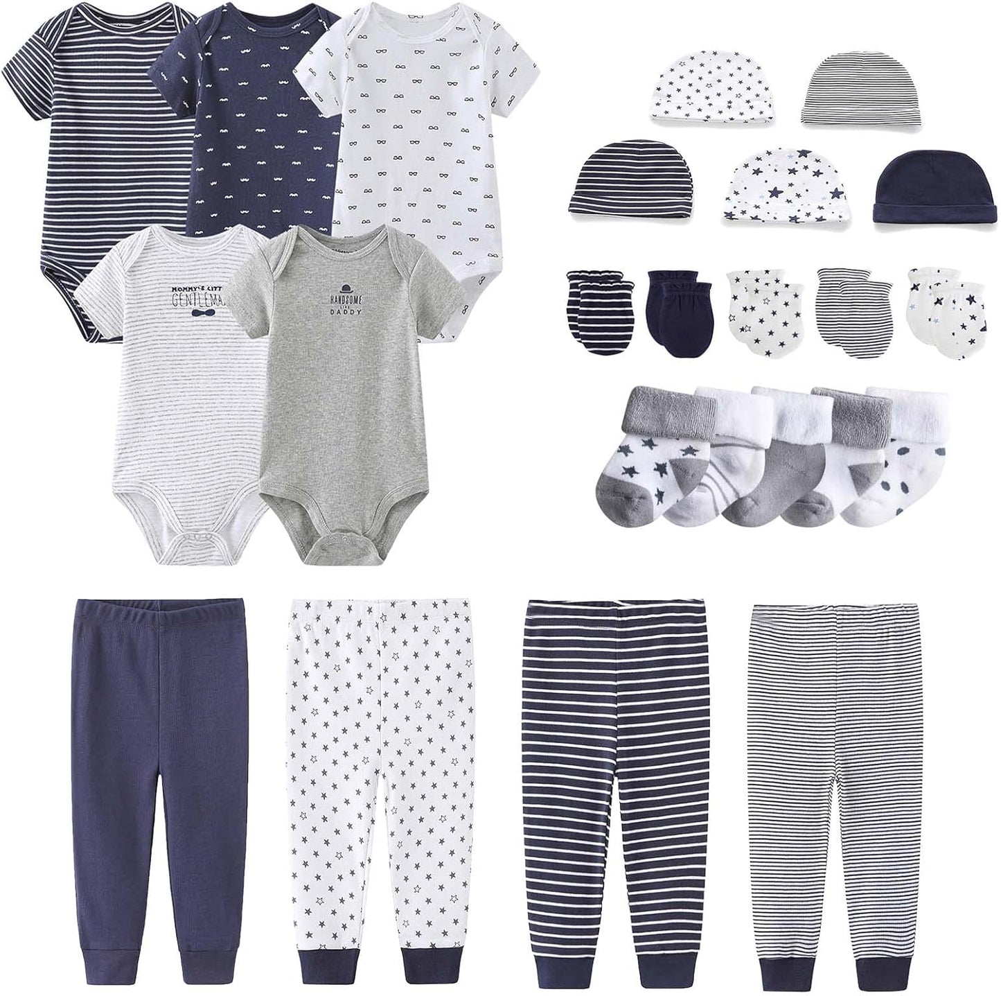 Newborn Layette Gift Set Bodysuits Pants for Baby Girl and Boy 24 Piece 100% Cotton Essentials and Accessories