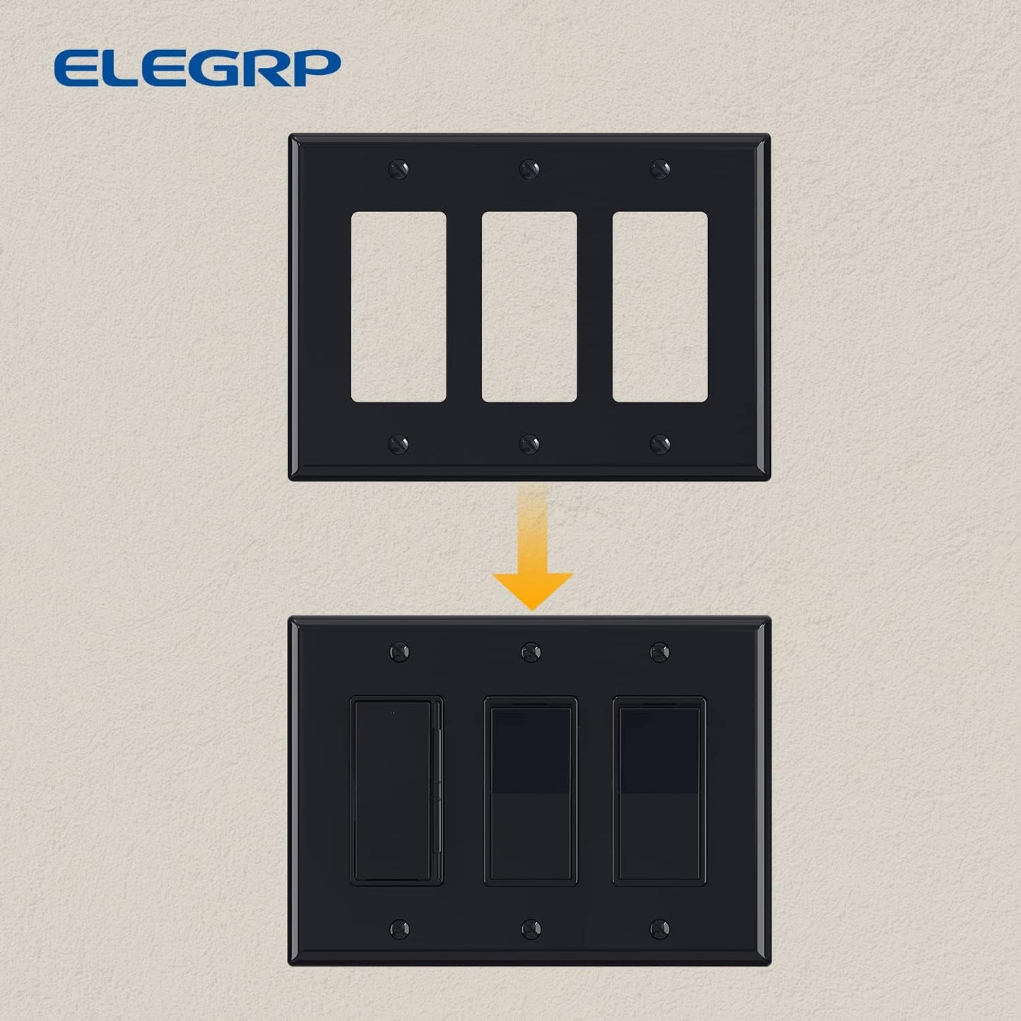 ELEGRP 3-Gang Decorative Wall Plates, Mid-Size 4.88" H x 6.75" L Unbreakable Thermoplastic Faceplate Cover for Decorator Receptacle Outlet Switch, UL Listed (1 Pack, Glossy Black)