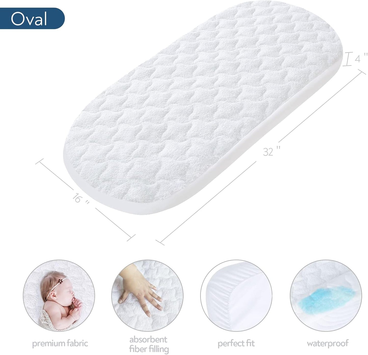 Baby Bassinet Mattress Pad Cover, Fit for UPPAbaby Bassinet and Moses Basket, 2 Pack Waterproof Quilted Bassinet Mattress Protector, Cotton Terry Surface, 13" x 30"