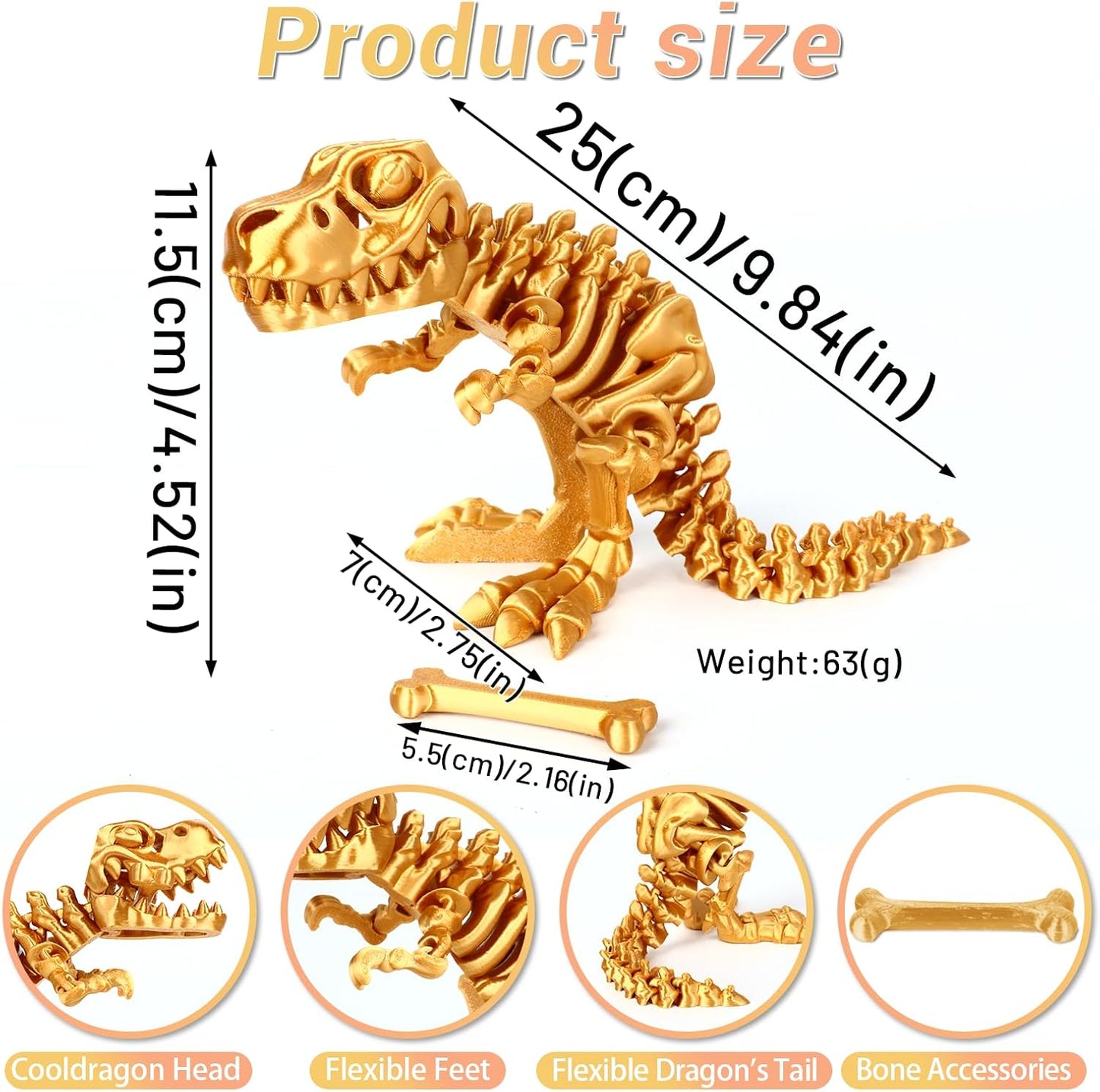 3D Printed Dinosaur Bone Skeleton Tyrannosaurus Rex with Movable Jaw Fidget Dinosaur Toys Full Articulated Dinosaur Executive Desk Toys Home Office Decor, Yellow