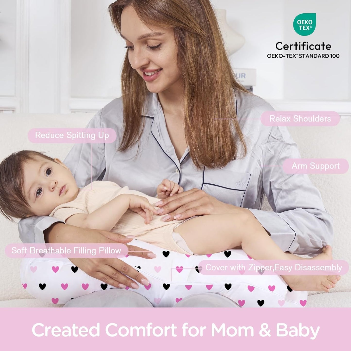 Nursing Pillow, Breast Feeding Pillows for Mom, Rose Red Hearts Soft Cover with Breathable Filling, Feeding Support Pillow for 0-12 Months, Multifunctional Support Cushion for Travel (Sweet Hearts)