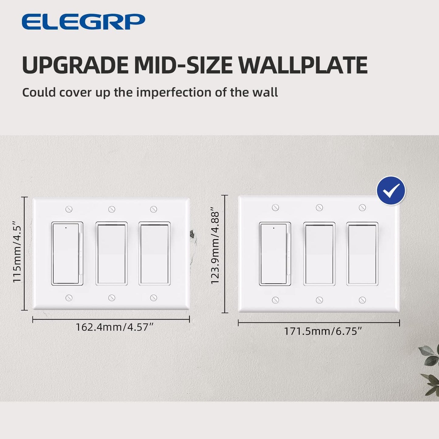 ELEGRP 3-Gang Decorative Wall Plates, Mid-Size 4.88" H x 6.75" L Unbreakable Thermoplastic Faceplate Cover for Decorator Receptacle Outlet Switch, UL Listed (5 Pack, Glossy White)
