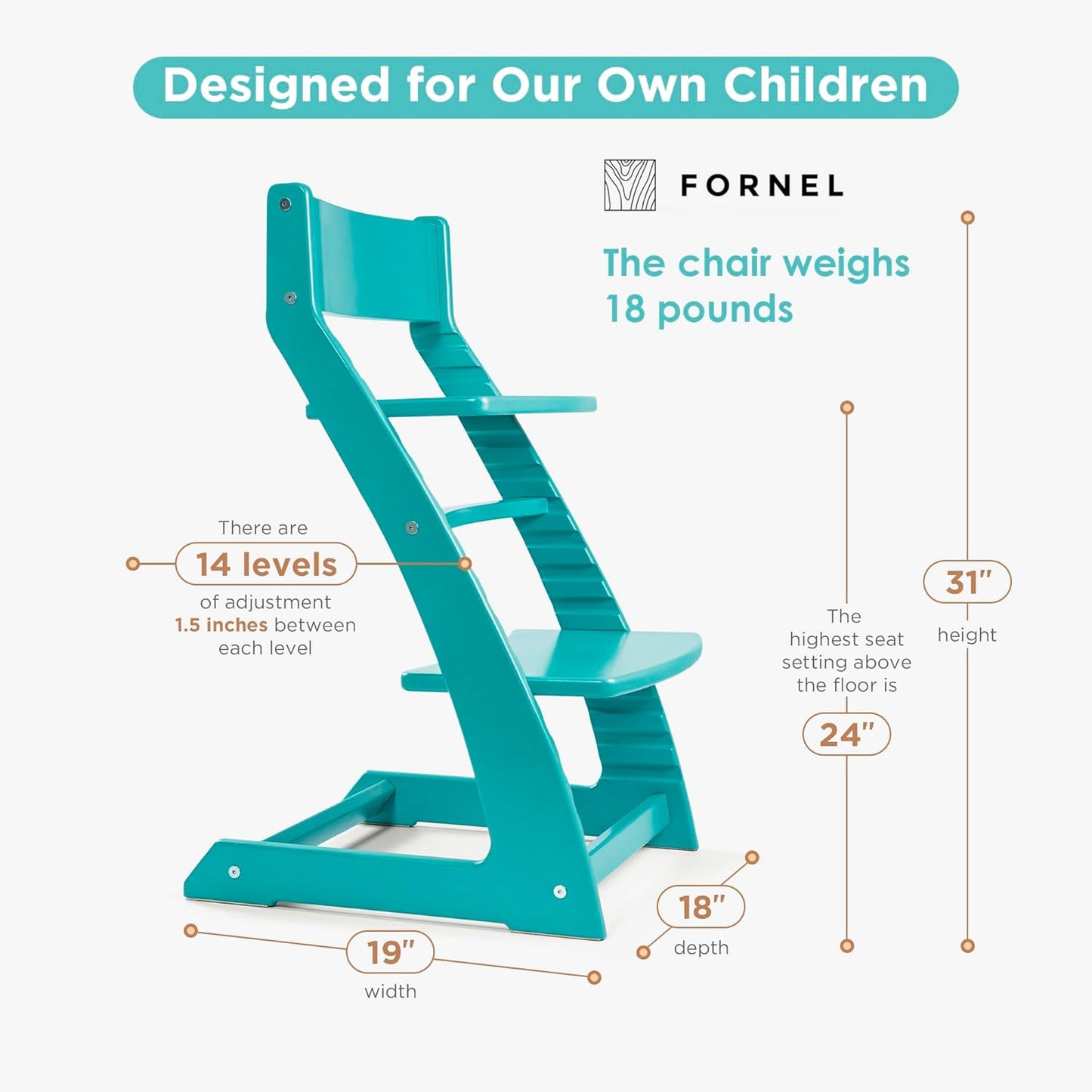 FORNEL Modern Wooden High Chair in Turquoise | The Adjustable Grow-with-Me Chair with a Stylish Pop of Color for Your Kitchen & Dining Room