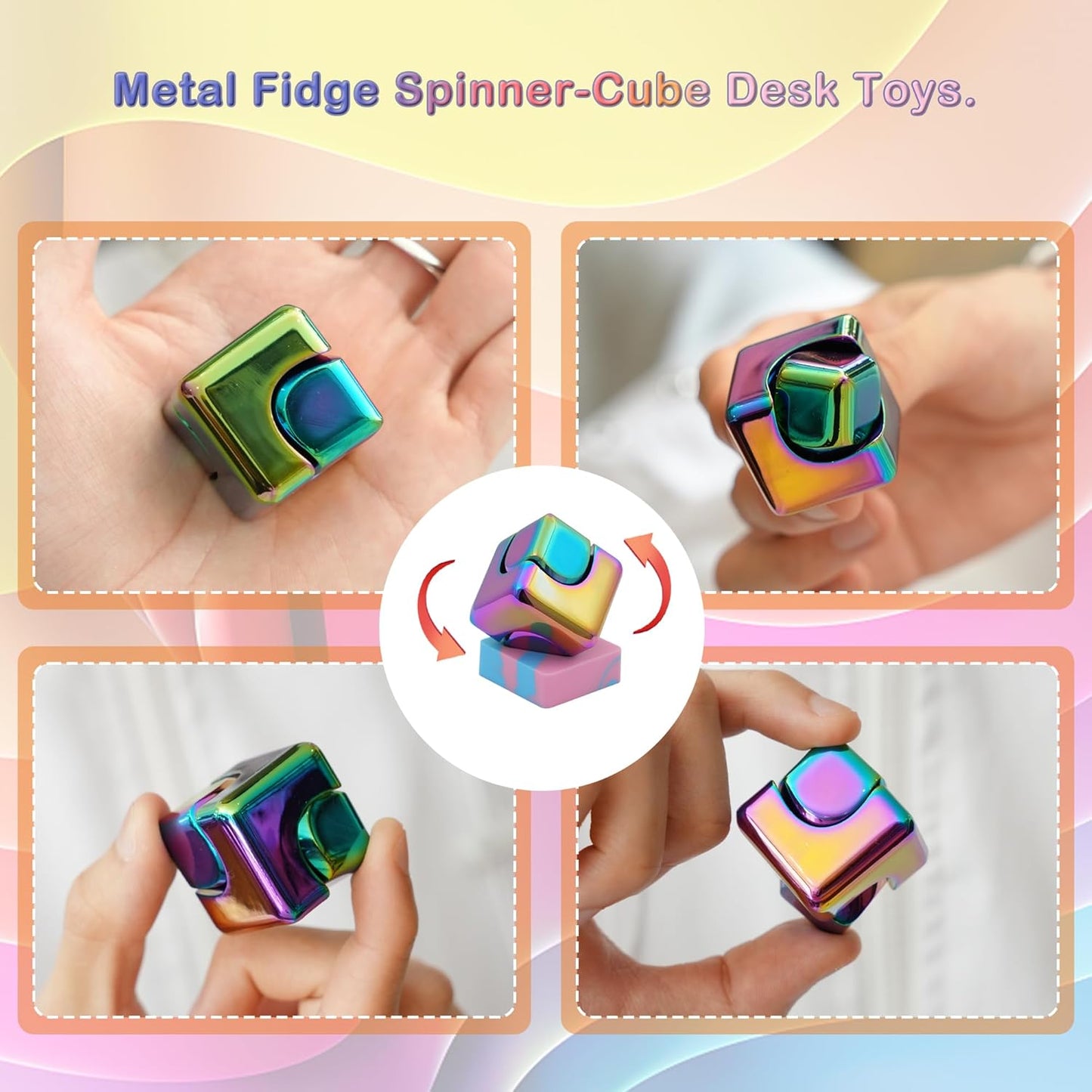 Desk-Fidget-Toys Spinner-Cube: Cool-Gadgets Metal Kinetic-Desk-Toys Office EDC-Toy with Silicone Base, ADHD Tools Cool-Stuff Thing Stress Relief Toy Gift for Kids Children Teens Adults Christmas