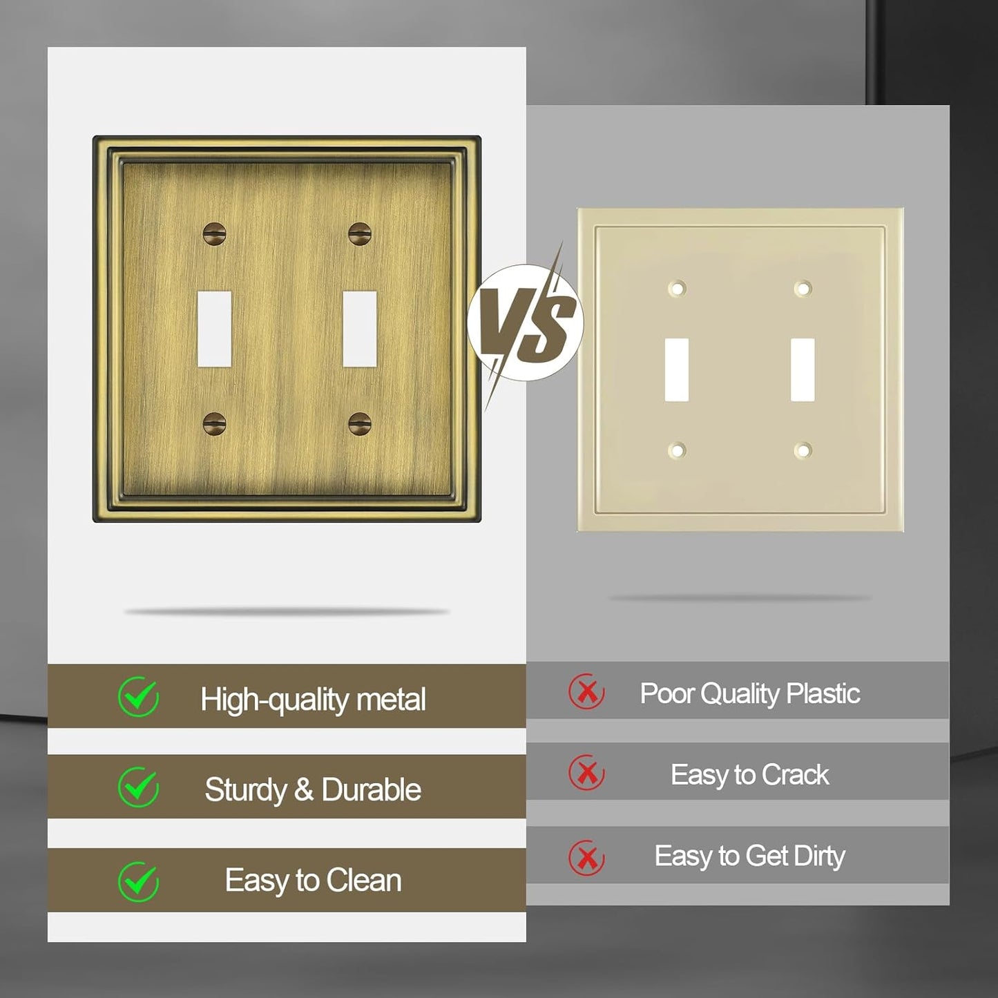 Double Toggle Light Switch Covers Plate, Metal Material 2 Gang Wall Plates for Double Light Switch, Antique Brass Decorative Switch Plate Cover - Classic Style, 3 Pack