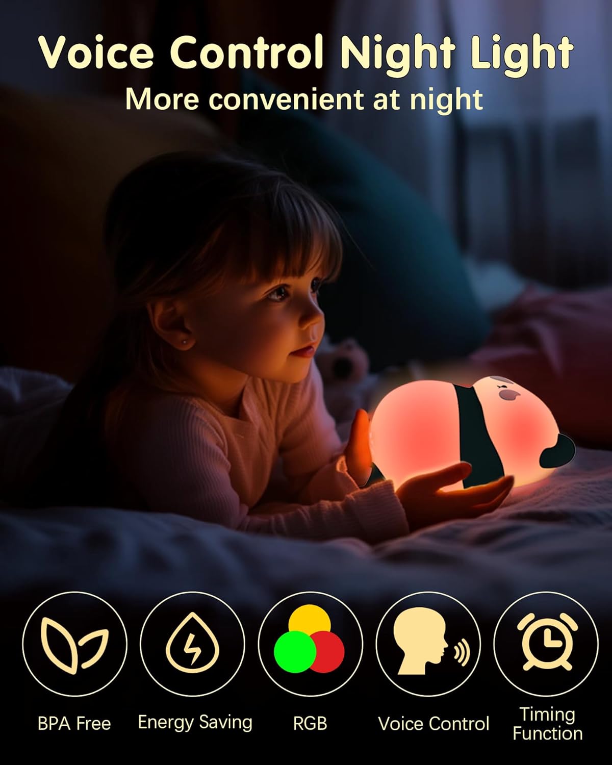 Voice Control Panda Night Light, 6 Colors 30-Minute Timer, Cute Animal Silicone Nursery Night Light Rechargeable Table Lamp Bedside Lamp with Touch Sensor for Baby Girls Women Bedrooms, Living Room