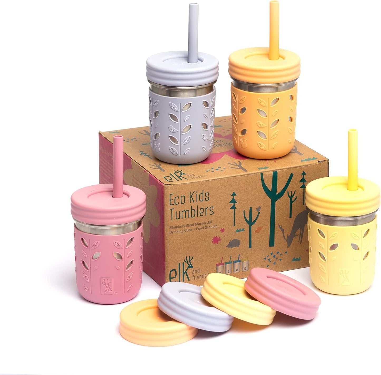 Elk and Friends 10oz Stainless Steel Kids + Toddler Drinking Cups | The Original Mason Jars with Lids + Sleeves + Straws | Smoothie Cups | Spill Resistant | Dishwasher Safe | 4 Pack