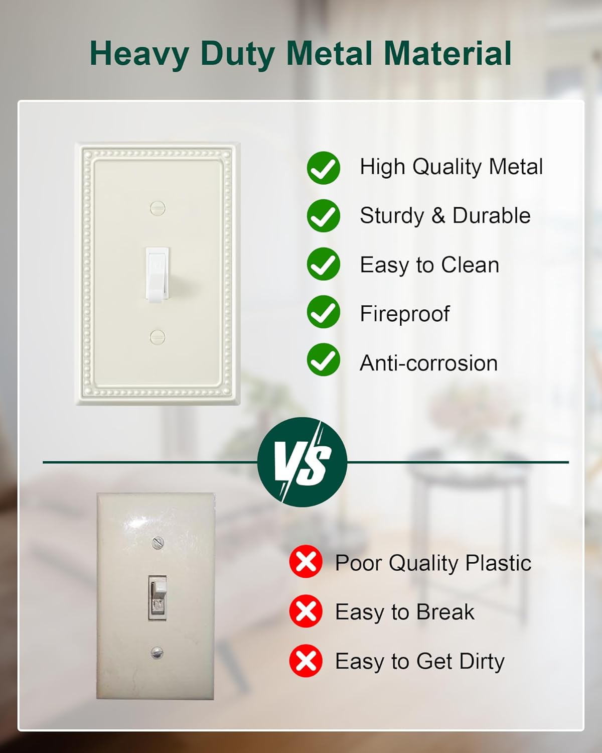 4-Pack Single Toggle Light Switch Cover Plate, Pearls Decorative Switch Plate Covers, Light Almond 1 Gang Metal Wall Plate, Corrosion Resistant