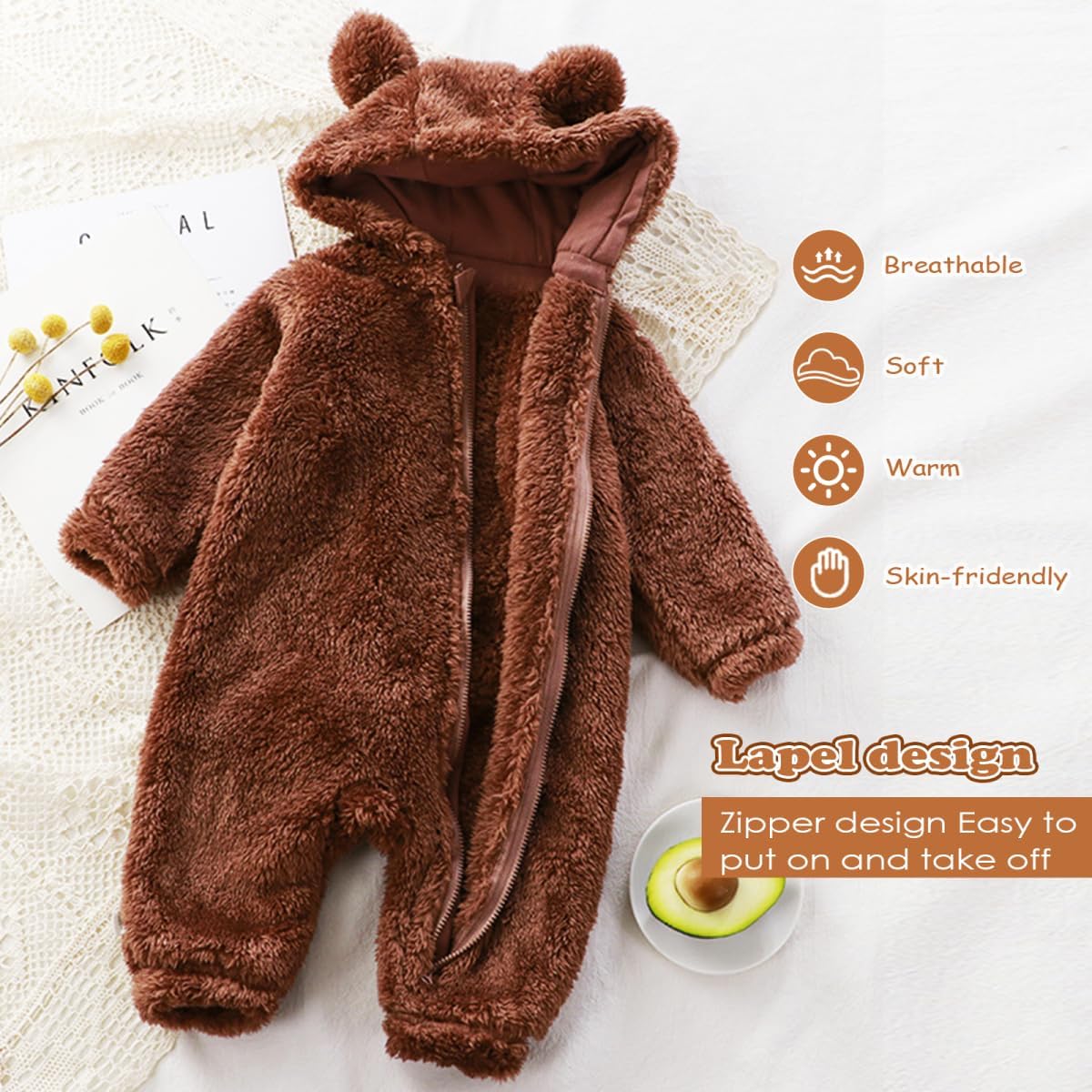 Newborn Baby Bear Fleece Romper One-Piece Footies Jumpsuit Pajama Infant Outfit for Baby Boys Girls
