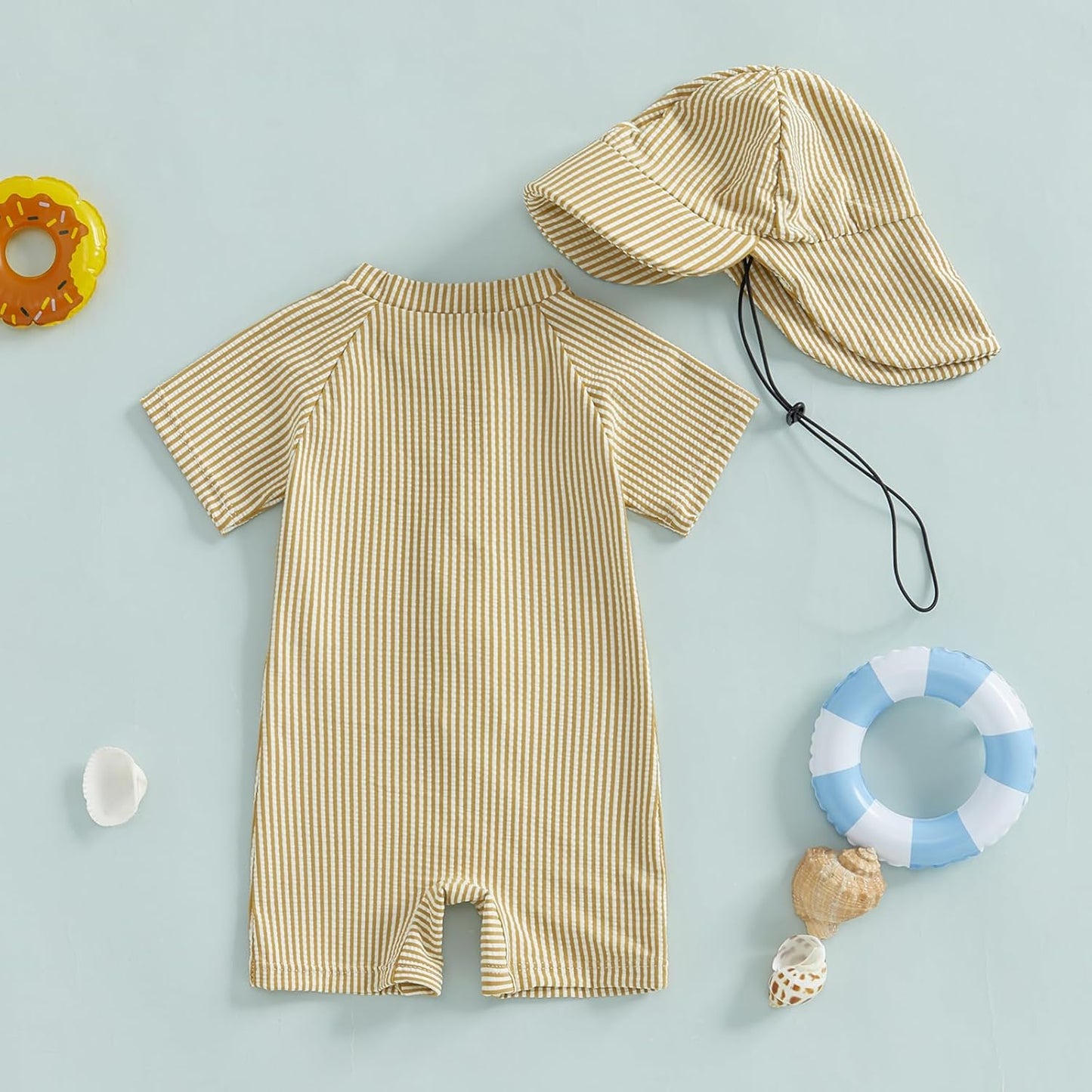 Toddler Baby Boys Seersucker Short Sleeve One Piece Rash Guard Swimsuit Zipper Bathing Suit Swimwear with Hat