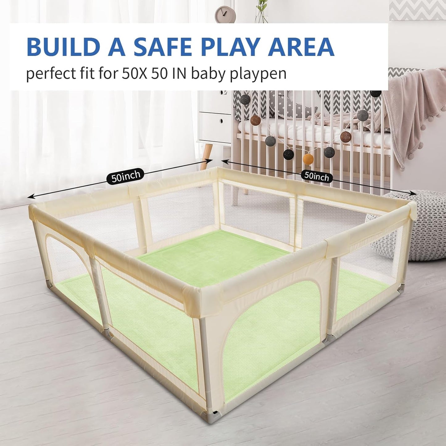 Baby Play Mat for Floor,1.3"Thick Elasti-Foam 50x50 Playpen Mat for Toddlers Infant kids,Water-Repellent Soft Velvet for Tummy Time,Non-Slip Backing for Crawling,Tatami Style(Light Green)