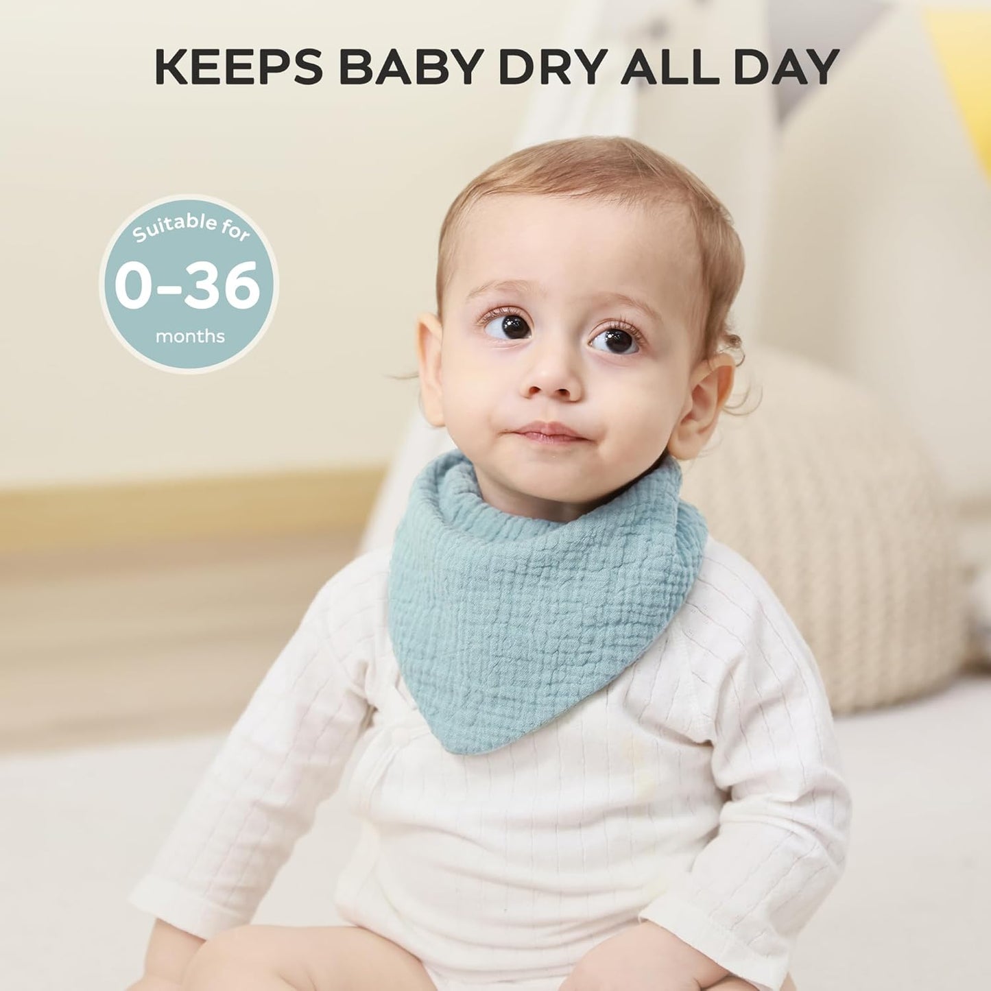 JELLYMONI 10 Pack Muslin Drool Bibs for Babies - Soft Adjustable Bandana Bib with Snaps, Absorbent Unisex Teething Bib for Newborn Girls & Boys