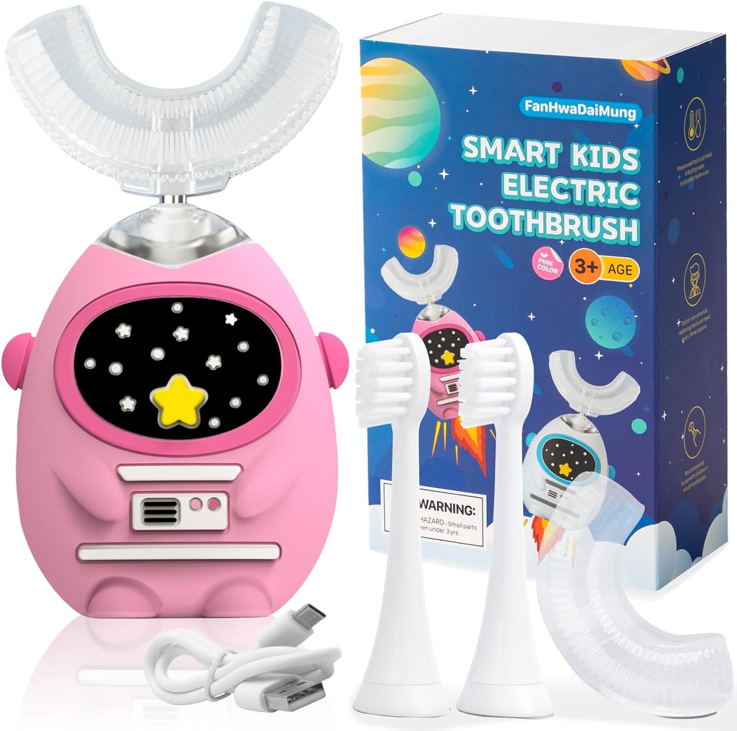 Kids U Shaped Electric Toothbrush with Music, 3 Modes, Voice Teaching, Mouthpiece Cleaning, Soft Bristle, Type-C Charging, Ages 3-12 Boys & Girls (Power Pink)