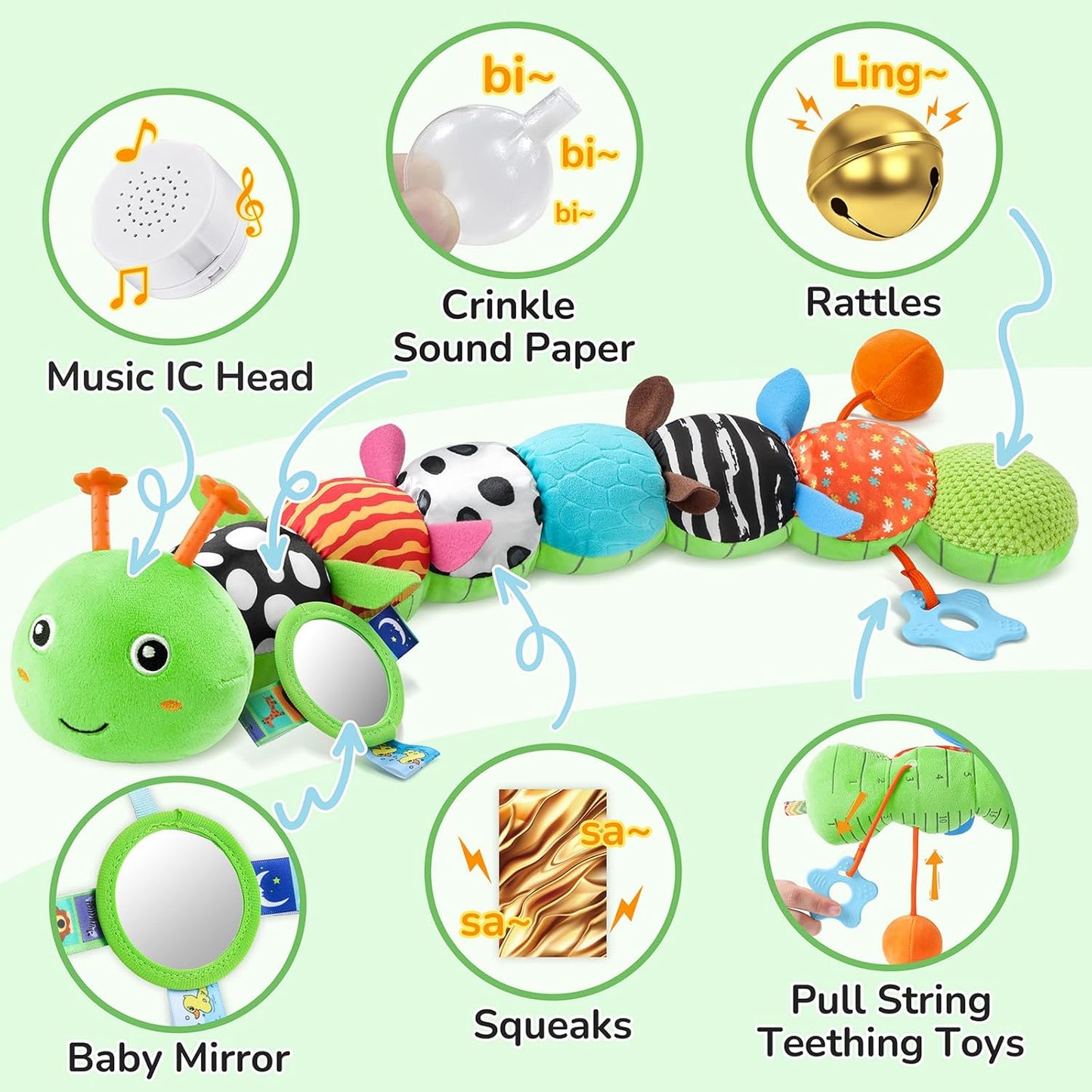 Baby Toys 6-12 Months Music Caterpillar Infant Toys Stuffed Animals 0-3-6 Months Tummy Time Teething Sensory Toys with Mirror Rattle&Pull String for Boys Girls Birthday Gifts|Grass Green,Leafy