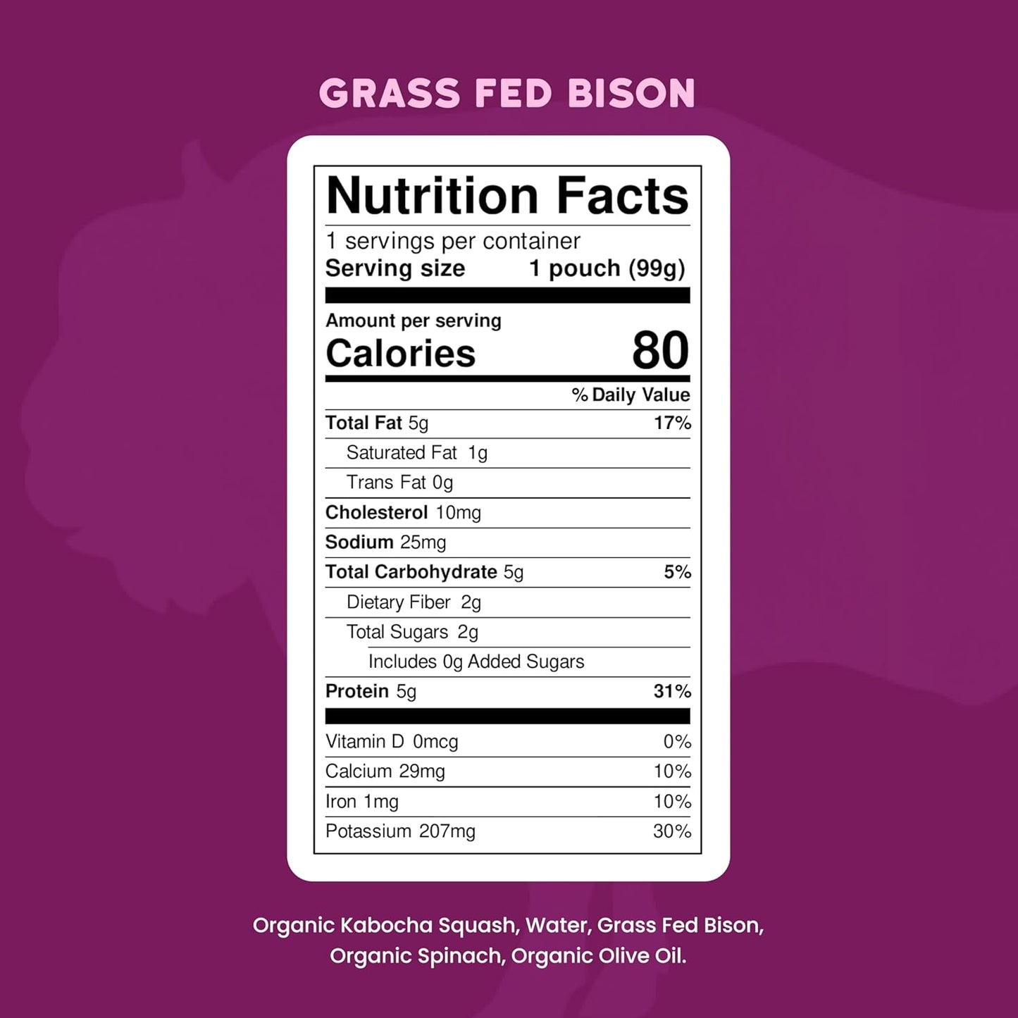 Serenity Kids Baby Food Pouches, Grass Fed Bison with Organic Kabocha Squash & Spinach, For 6+ Months, 3.5 Ounce Pouch (12 Count)