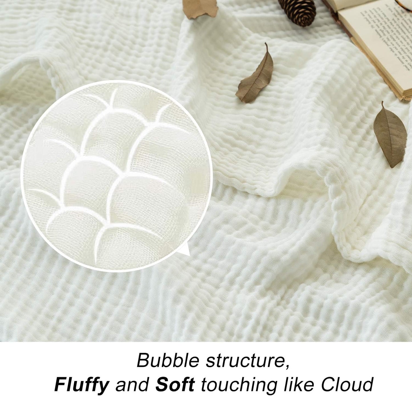 EMME Cotton Blanket Queen Size for Bed Soft Large Muslin Bed Bedspread 90"x90" Lightweight Breathable White Blanket All Season Gauze, White