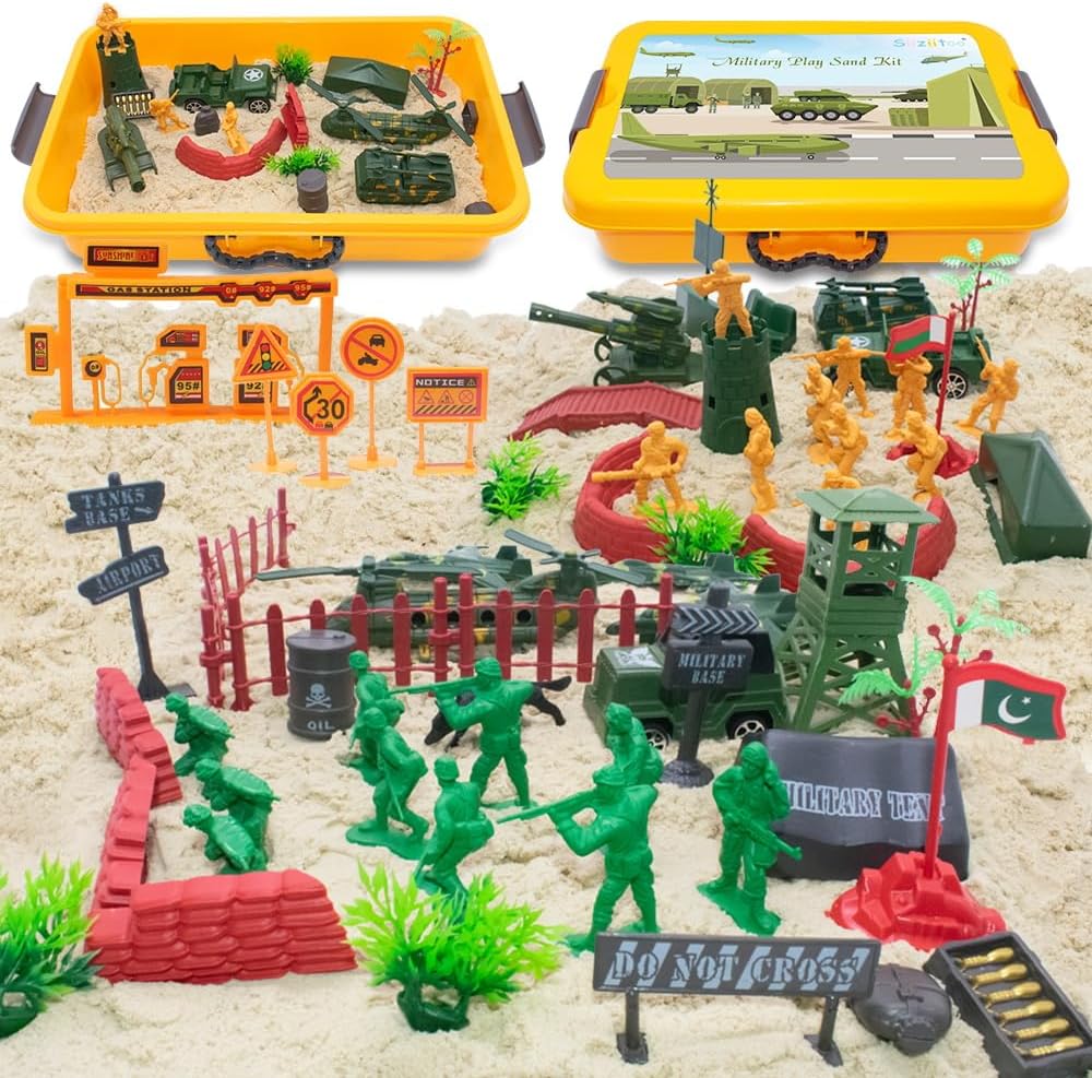 Army Play Sand Art Kit, Military Sensory Bin Filler, Sensory Bins for Toddler 3-4, with Army Men Action Figures Toys, 2.2lbs Magic Sand, Sandbox Toys for Toddlers 1-3, Sensory Sand Kit for Kids Boys