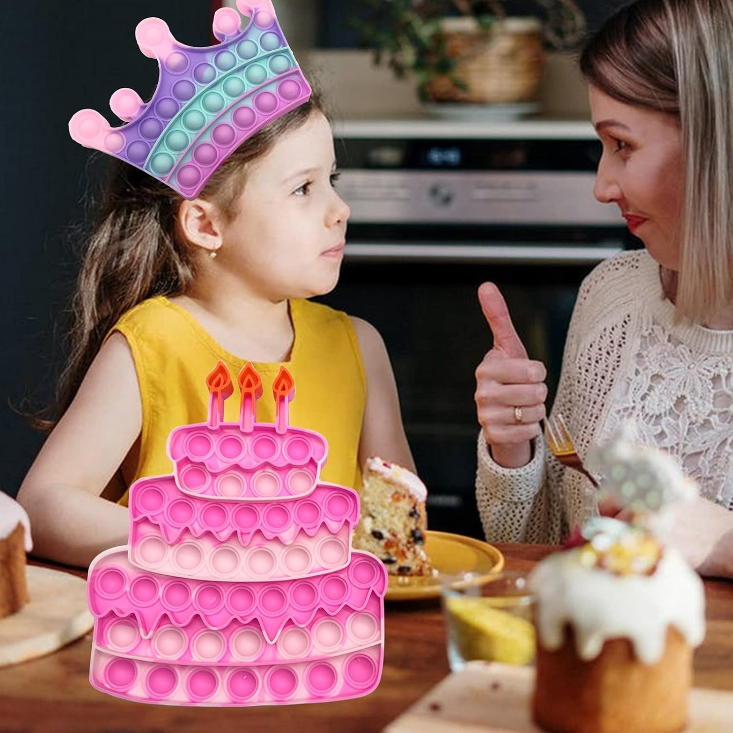 QETRABONE 4 Pcs Birthday Cake Crown Fidget Toys for Girl, Pop Fidget toys Gift Bubbles Toy, Pizza Silicone Fidget Sensory Squeeze Bubbles Toy, Stress Relief Anti-Anxiety Autism