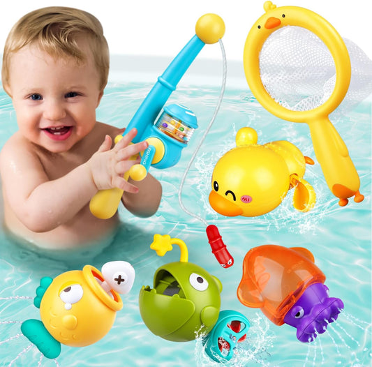 Baby Bath Toys for Kids Ages 1-3, Magnetic Fishing Games with Floating Bathtub Wind-Up Toys & Fishing Net, Fishing Rod Water Pool Toys for Toddlers 1-3