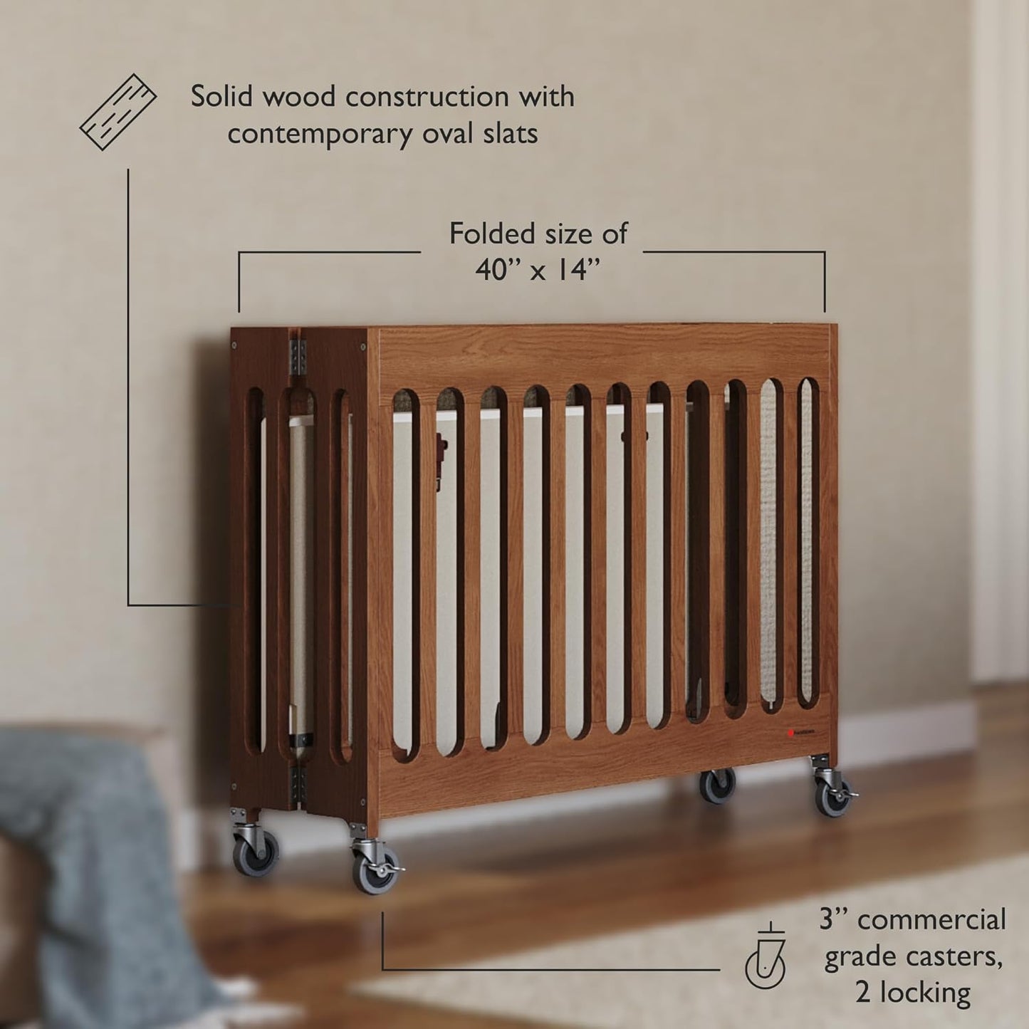Foundations Boutique Folding Mini Baby Crib - Compact, Portable, Wooden Hotel Crib, Foldable Compact Cribs for Baby & Toddlers - Includes 3" Foam Mattress - Cherry