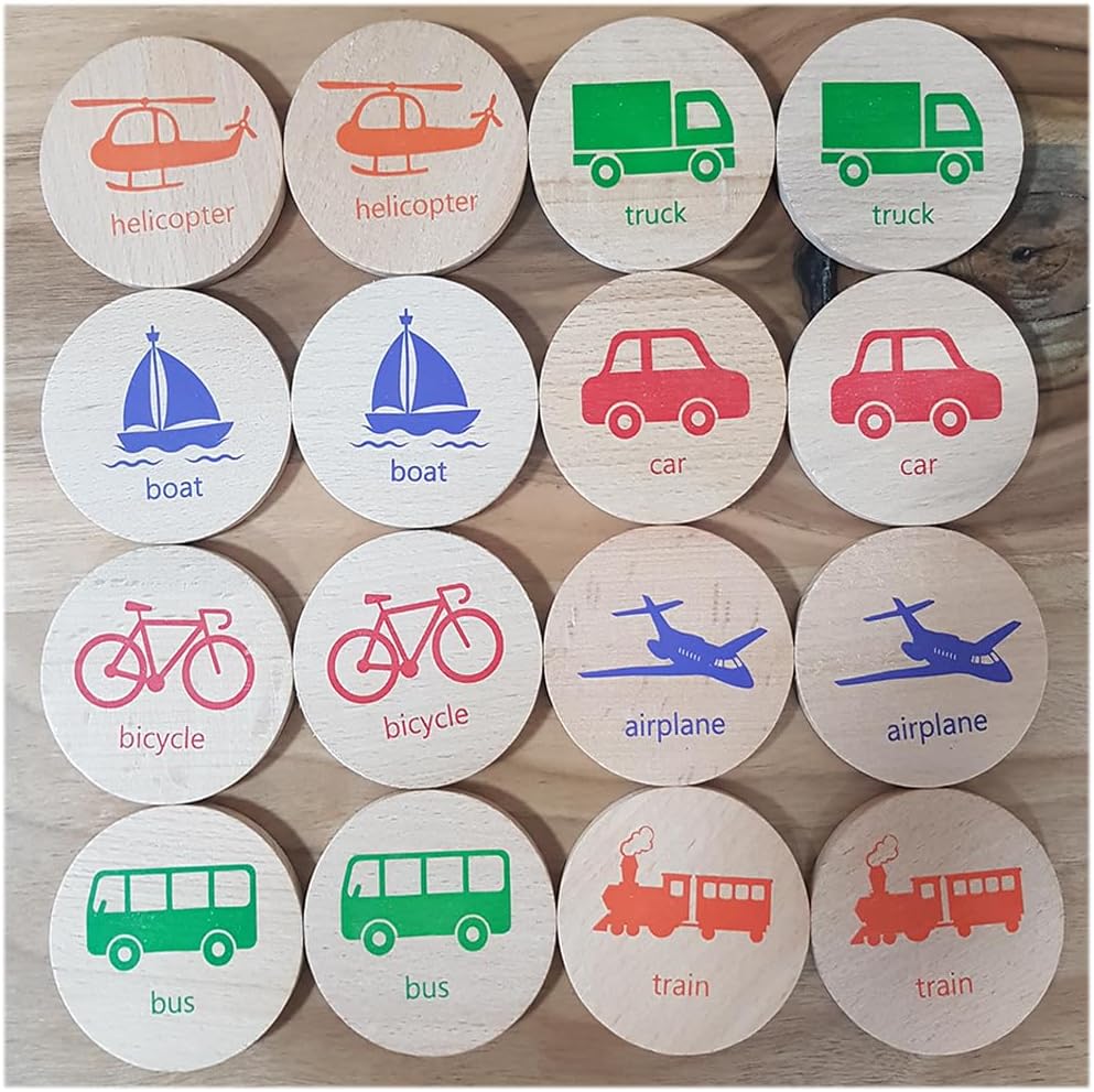 bee smart Wooden Memory Game - Matching Memory Game for Kids 3 and Up, 16Pcs | Educational Toy for Preschool Toddlers Board Games (Vehicles)