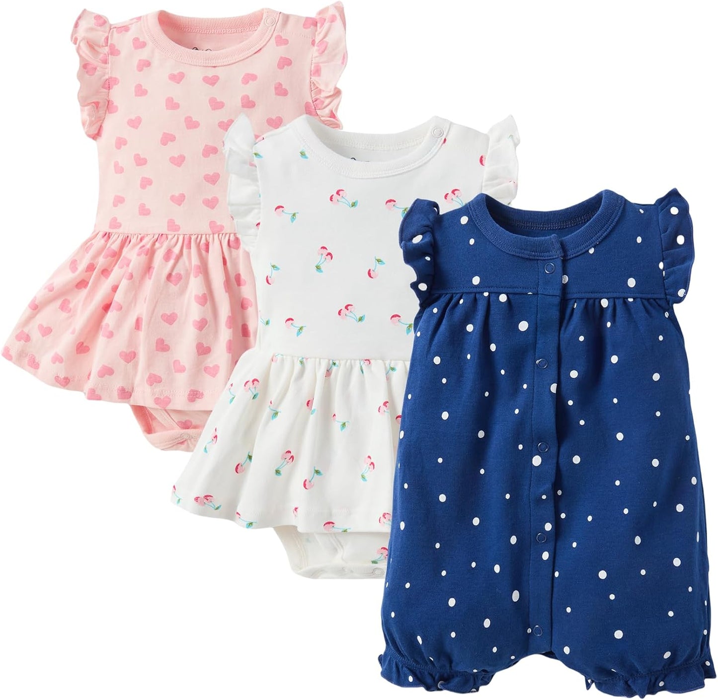 3-pack 100% Cotton Baby Girl Rompers, 0-24 months Ruffle Sleeve Toddler Romper Summer Clothes Set