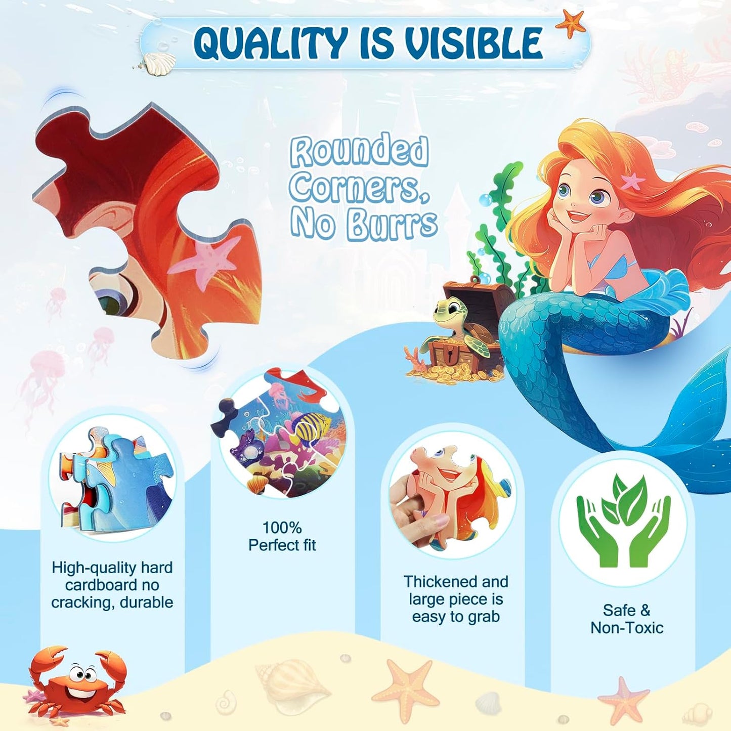 Floor Puzzles for Kids Ages 3-5, 70 Pieces Mermaid Jigsaw Puzzle for Toddler Girls Ages 3 4 5 6 7 8 Year Old, Large Round Underwater Princess Puzzle Educational Learning Toys Birthday Gift