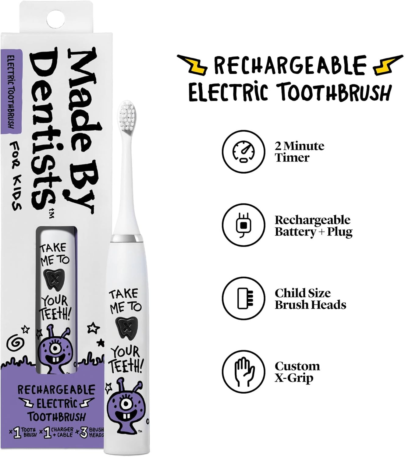 Kids Electric Toothbrush - Rechargeable Vibrating Toothbrush with Timer Includes 6 Replacement Heads, Gently Cleans Teeth, Girls & Boys, Kids & Toddlers Age 2+, Alien