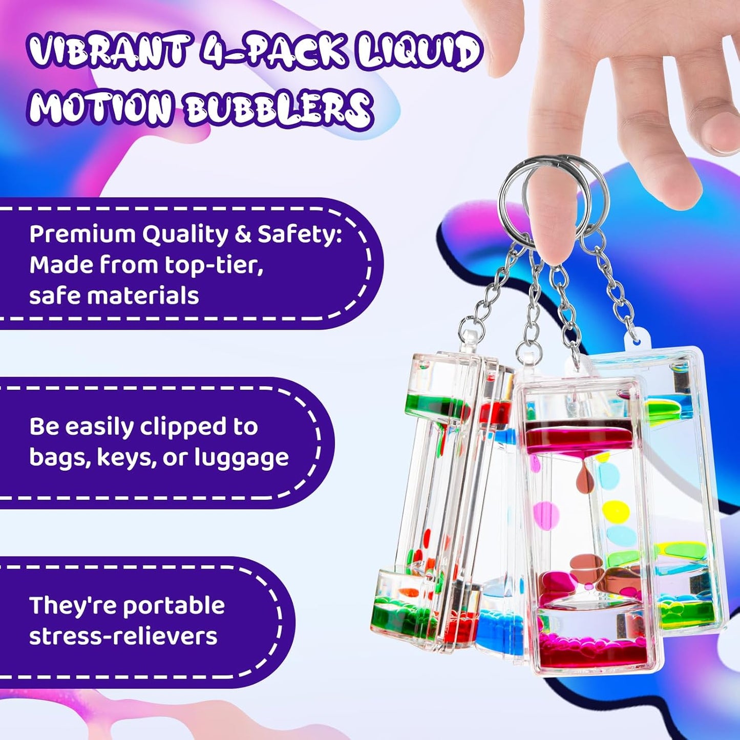 Sensory Fidget Keychain - Vibrant 4-Pack Liquid Motion Bubblers for Stress Relief & Focus - Perfect for Kids, Adults, Travel & Classroom - Ideal Party Favors (4 Pcs Keychain)