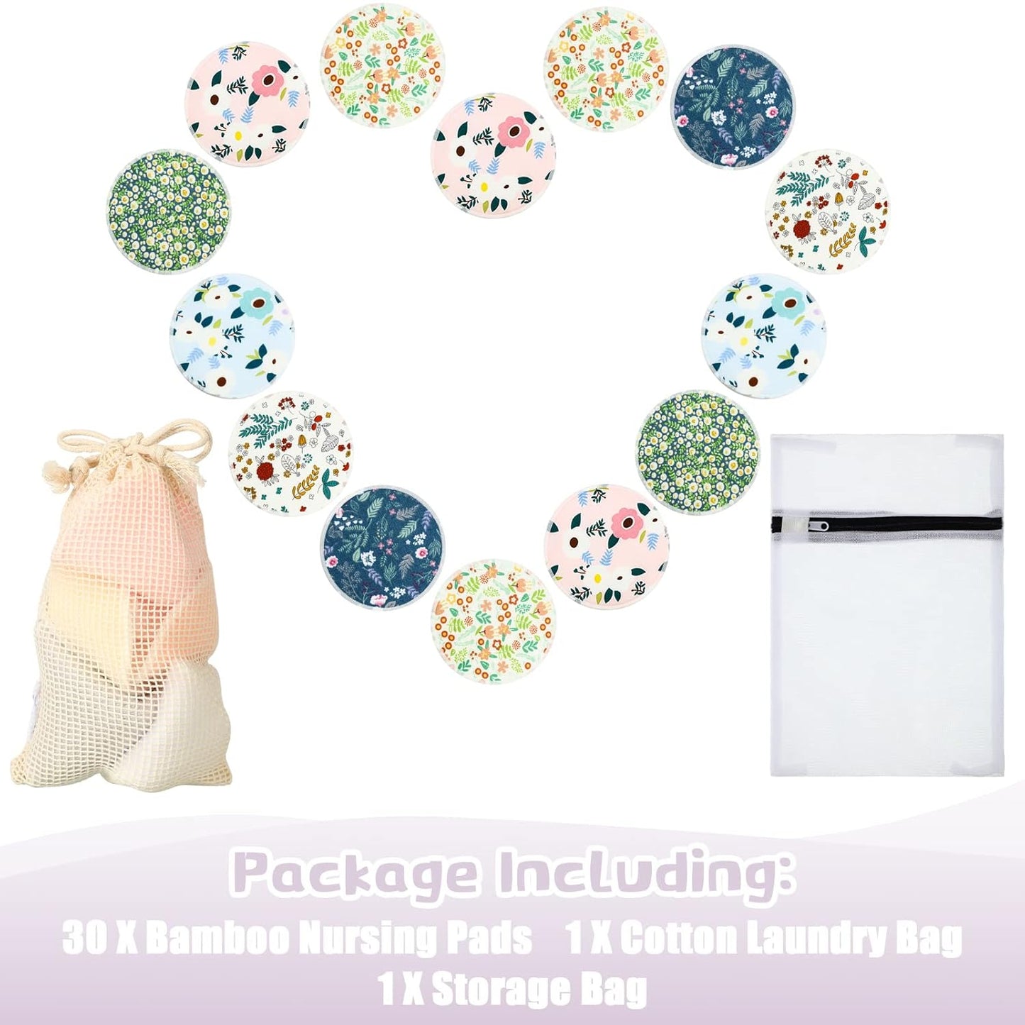 Sosation 30 Pcs Reusable Breast Pads Bamboo Nursing Pads with Wet and Laundry Bag Floral Nipple Favor Breastfeeding Mom Gift(Fresh Pattern)