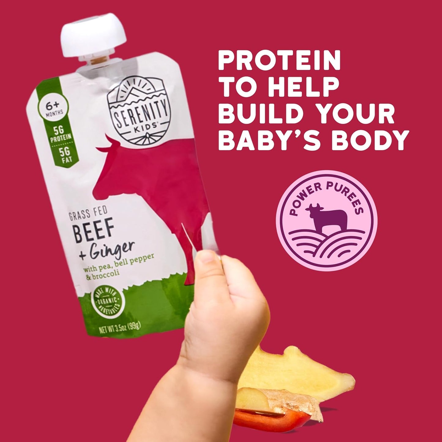 Serenity Kids 6+ Months Beef & Ginger Baby Food Puree Pouches - Grass Fed Beef & Organic Peas, Bell Pepper & Broccoli - No Added Sugar & BPA-Free Pouches - 3.5 Oz, 6 Pack