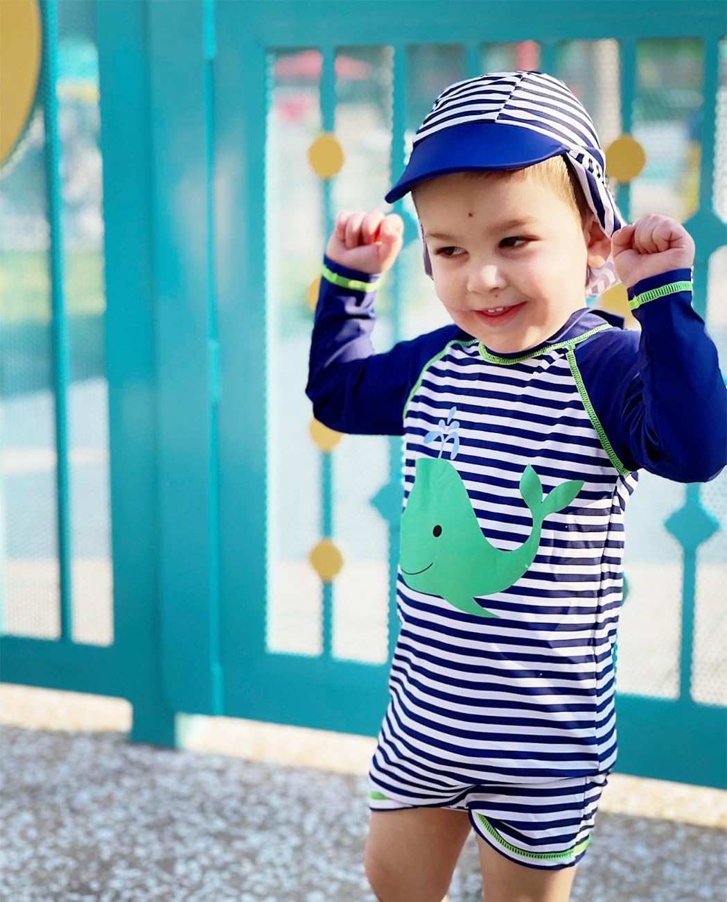 uideazone Baby Boys One Piece Swimsuit Long Sleeve UPF 50+ Rash Guard Bathing Suit Swimwear with Sun Hat 0-24 Months