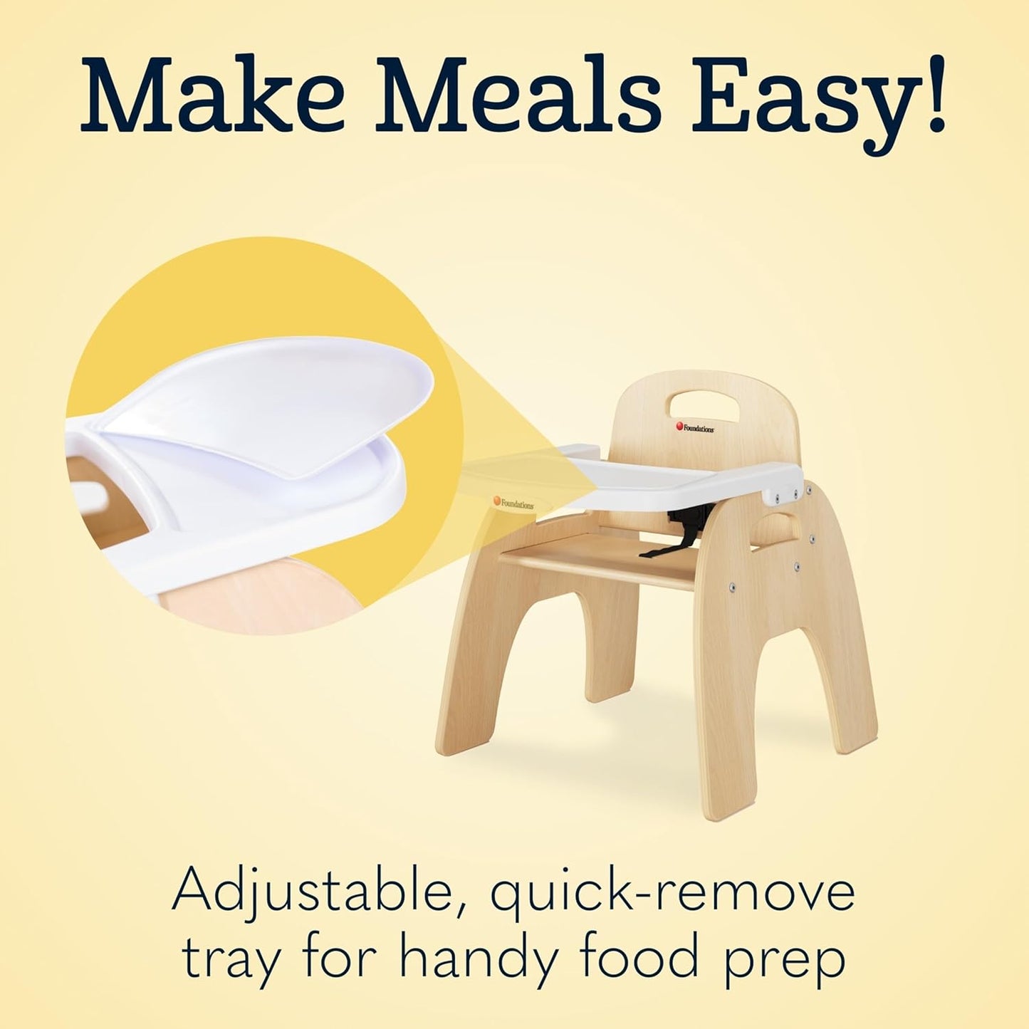 Foundations Easy Serve 11" Wood Feeding Chair for Toddlers, Adjustable Harness, Removable Dishwasher Safe Tray, “No Tip” Base, Baltic Birch Plywood