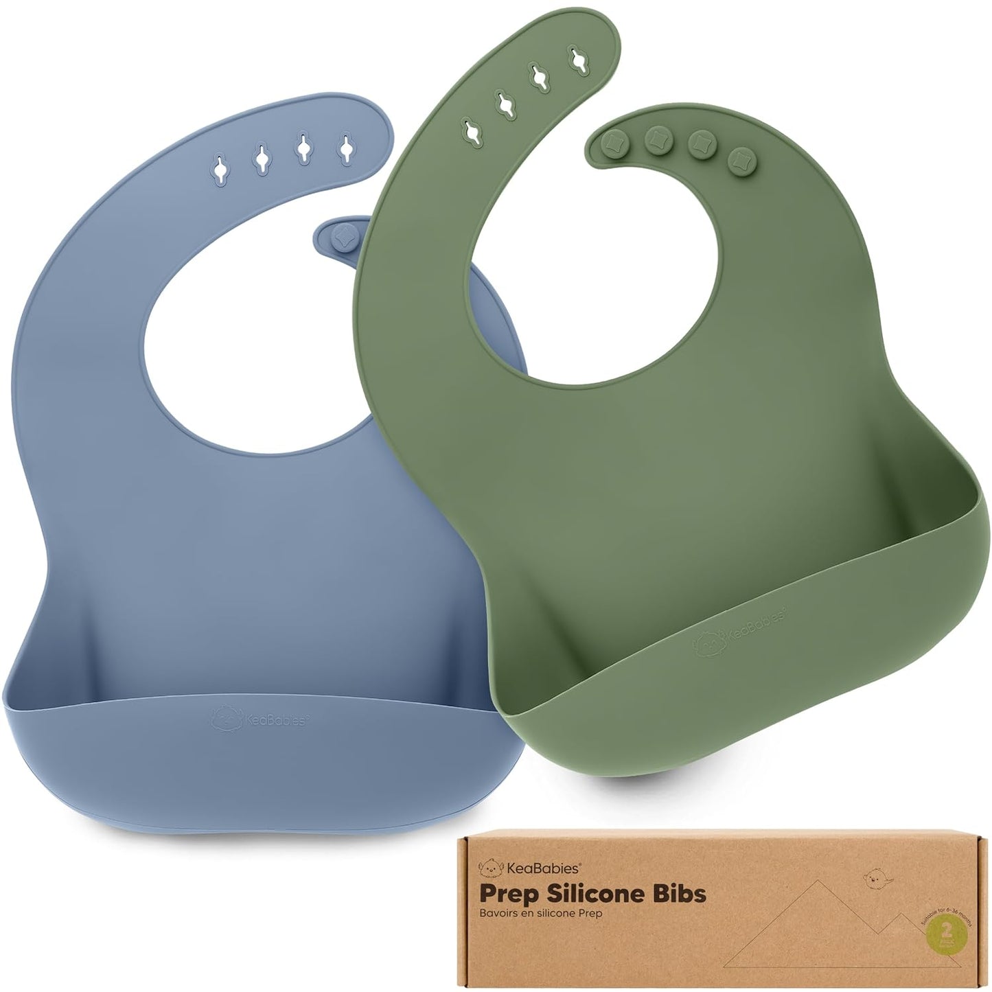 KeaBabies 2-Pack Silicone Baby Bibs for Eating - Sturdy Food-Grade Silicone Bibs for Babies Girl, Boy, Large Food Catcher, Clean & Put On Easily, Waterproof Toddler Feeding Essentials (Slate)