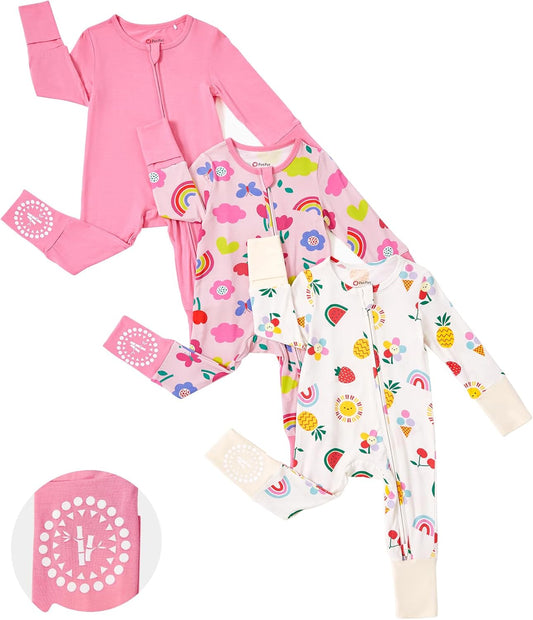 PATPAT Baby Footies Boys Girls - Bamboo Viscose - Zipper & Non-Slip Soles Romper Mitten - Footed & Footless Infant Clothes