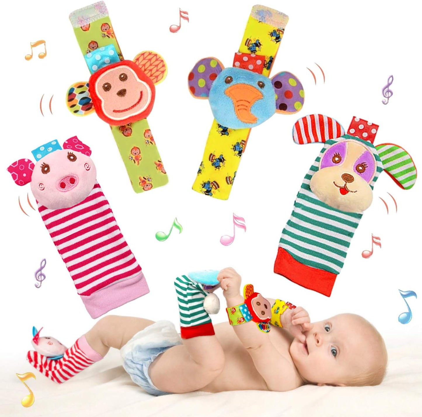 Infant Rattle Socks Toys 0 to 12 Months, Baby Wrist Rattle Foot Finder Socks Set, Birthday Holiday Present for Newborn Boy Girl 0/3/4/6/7/8/9/12/18 Months Kids Toddler, Gift Box Package (4A)