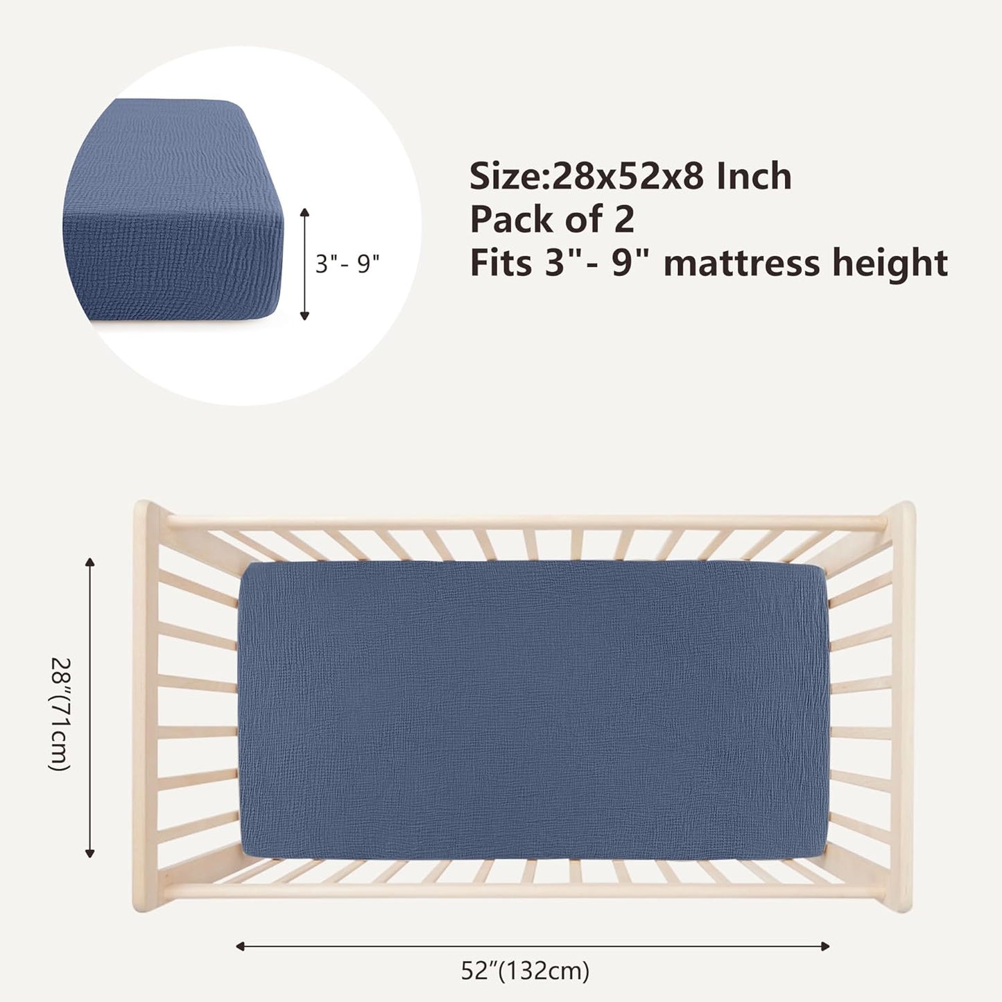 Bearmoss Muslin Crib Sheets 100% Cotton Baby Crib Sheets Fitted for Standard Crib Mattress & Toddler Bed Mattress 52"x28" Soft Breathable Crib Sheet Neutral for Boys Girls - 2 Pack (Blue Elephant)