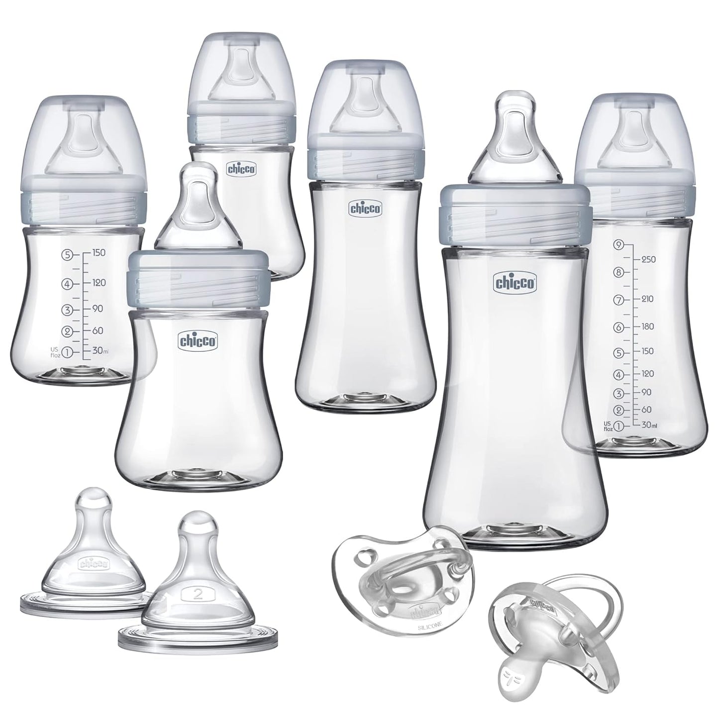 Chicco Duo Deluxe Hybrid Baby Bottle Starter Gift Set with Invinci-Glass Inside and Plastic Outside | Dishwasher, Bottle Warmer, and Electric Sterilizer Safe | Intui-Latch Nipple | Clear/Grey