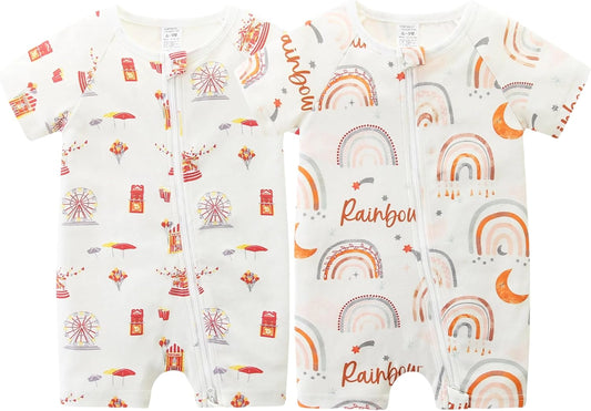Unisex Summer Trendy 2-Pack Rompers Short Sleeve Zipped Bodysuit Infant Cotton Outfits